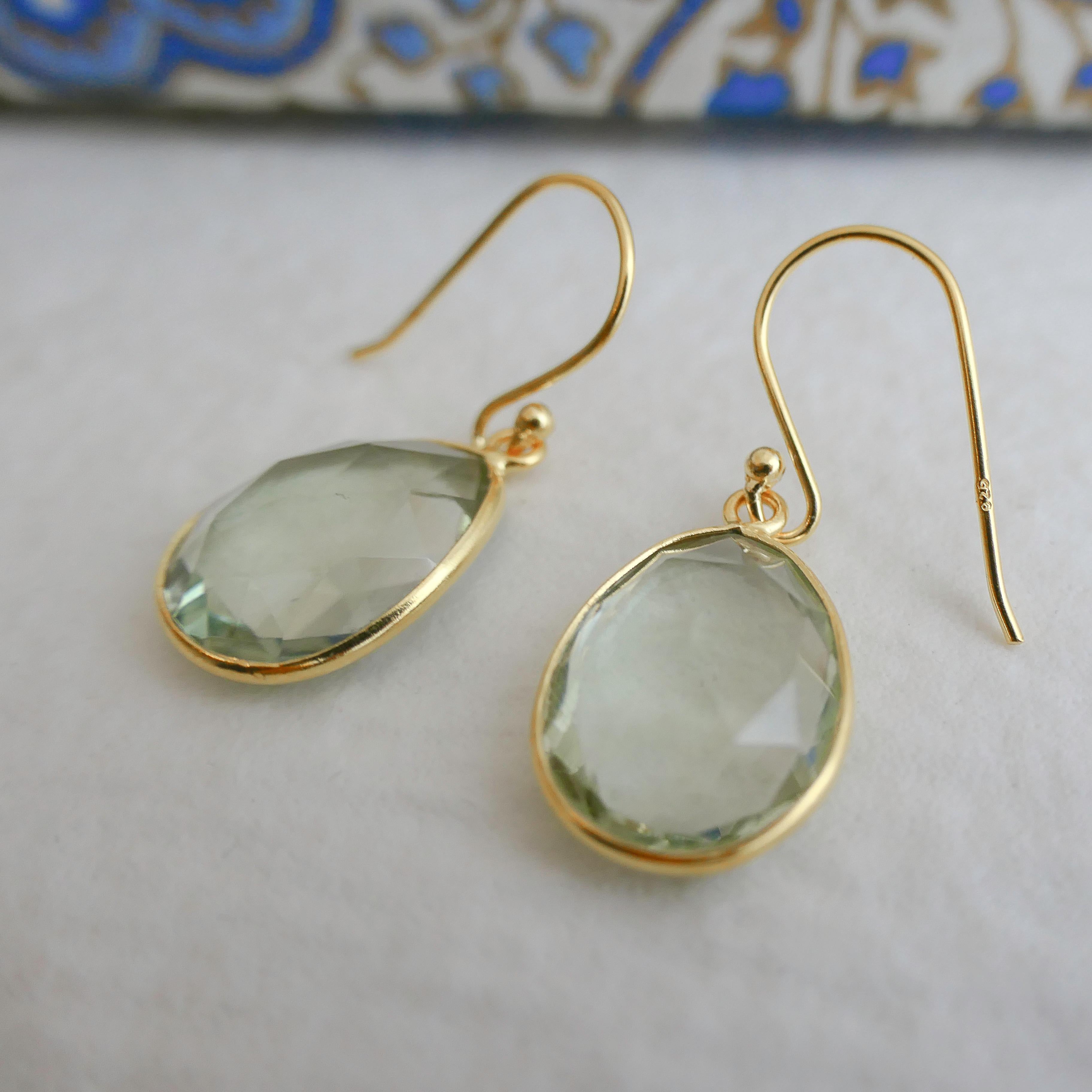 Green Amethyst Gold Plated Sterling Silver Drop Dangle Earrings In New Condition For Sale In Oslo, 03
