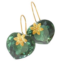 Green Amethyst Heart Shape Earrings in 18K Solid Yellow Gold