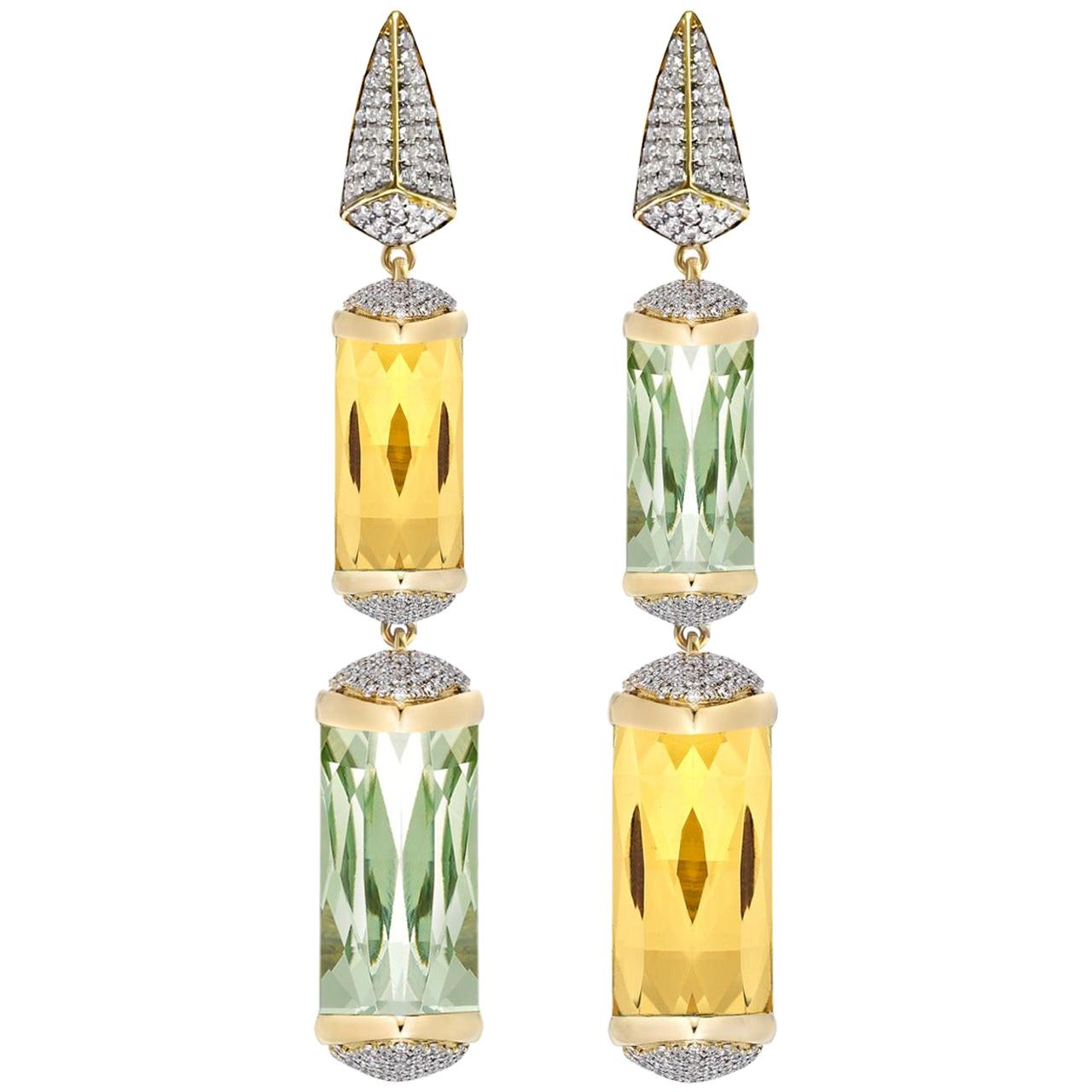 Green Amethyst and Honey Quartz with Diamond Earrings in 18 Karat Yellow Gold For Sale