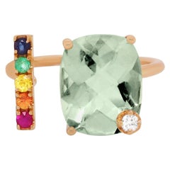 Green Amethyst, Multi-Color Sapphire Rainbow Diamond 14 Karat Gold Toi Moi Ring