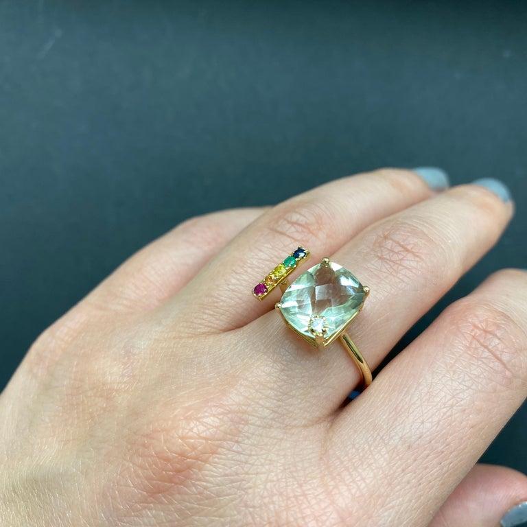 Contemporary Green Amethyst, Multi-Color Sapphire Rainbow Diamond 14 Karat Gold Toi Moi Ring