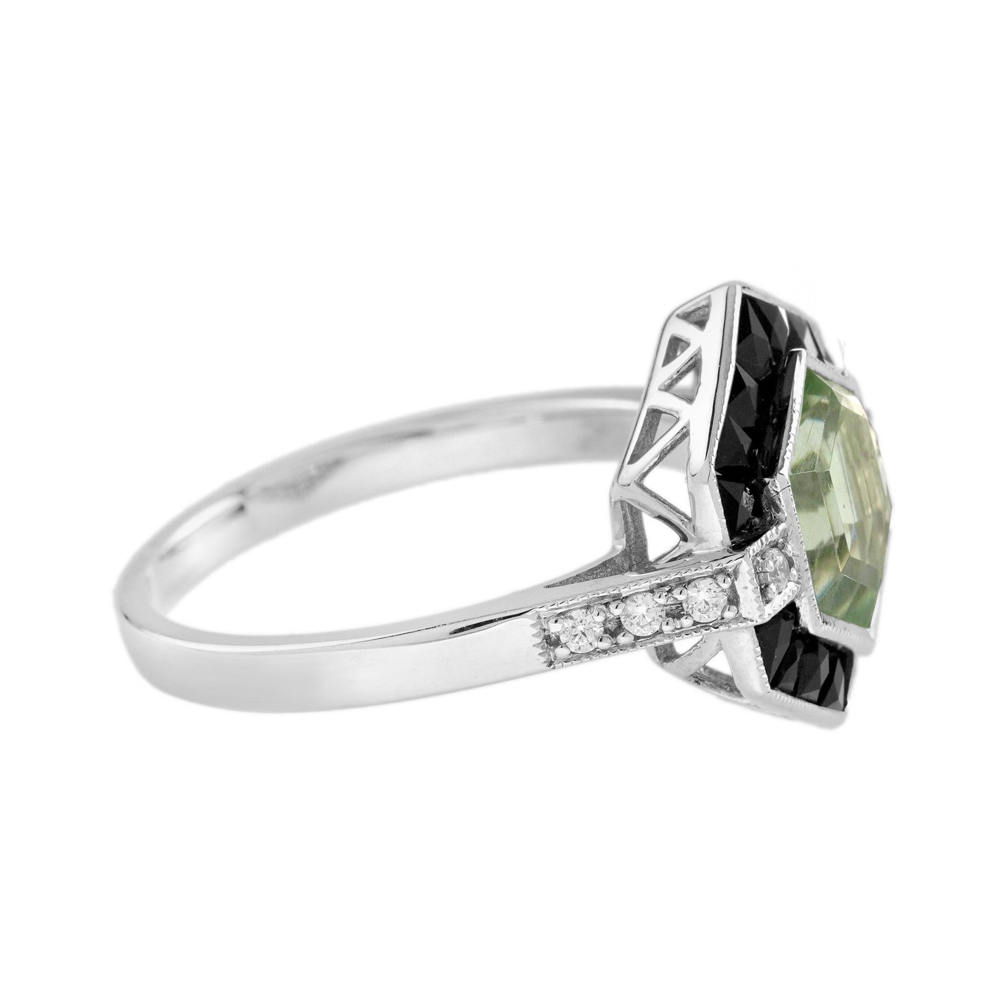 Esagono Anello esagonale in stile Art Deco con diamante e ametista verde in oro bianco 14 carati in vendita