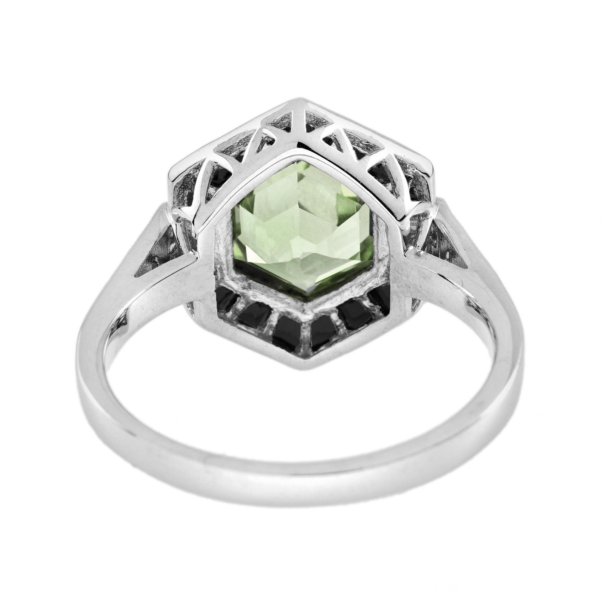 Anello esagonale in stile Art Deco con diamante e ametista verde in oro bianco 14 carati In condizioni Nuovo in vendita a Bangkok, TH