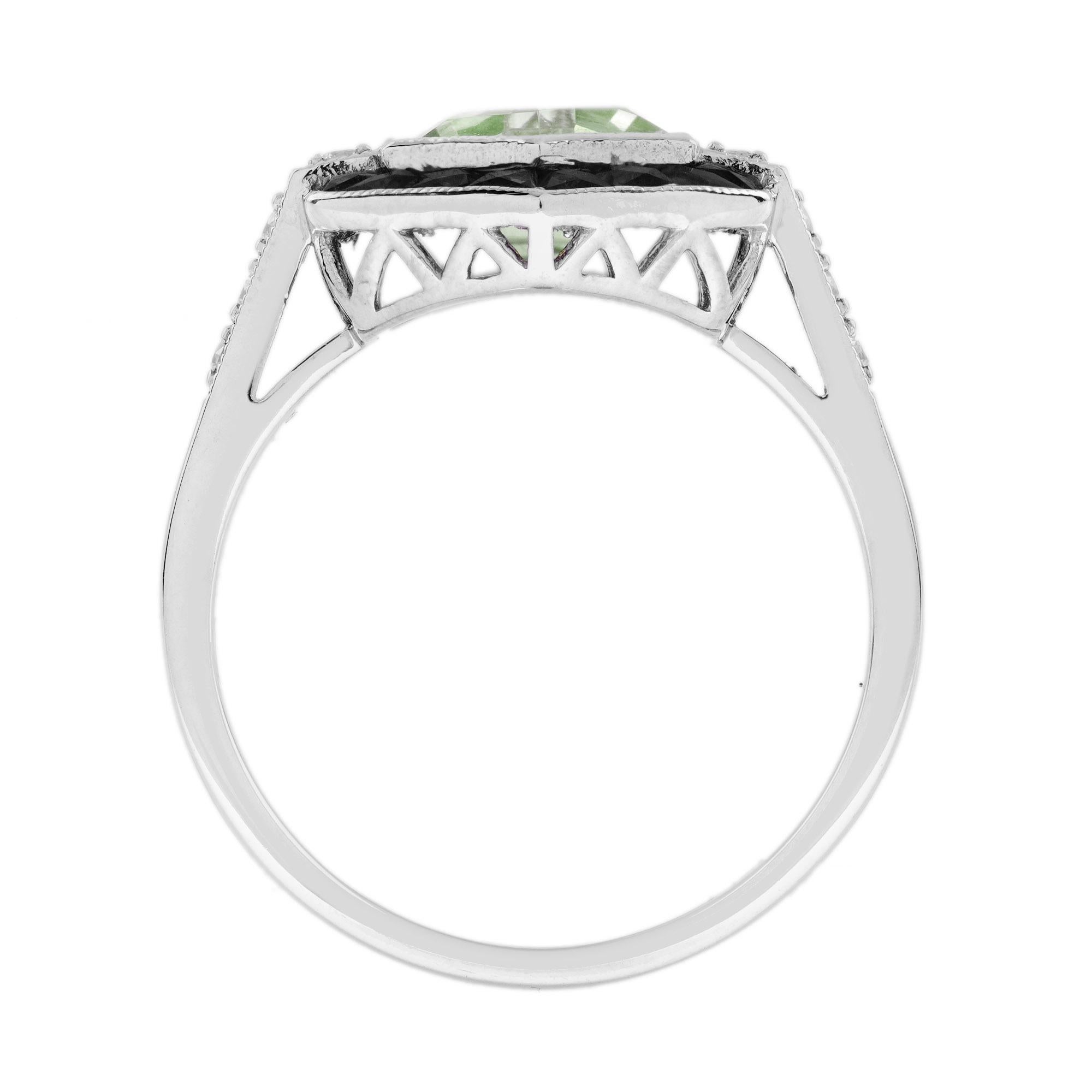 Donna Anello esagonale in stile Art Deco con diamante e ametista verde in oro bianco 14 carati in vendita