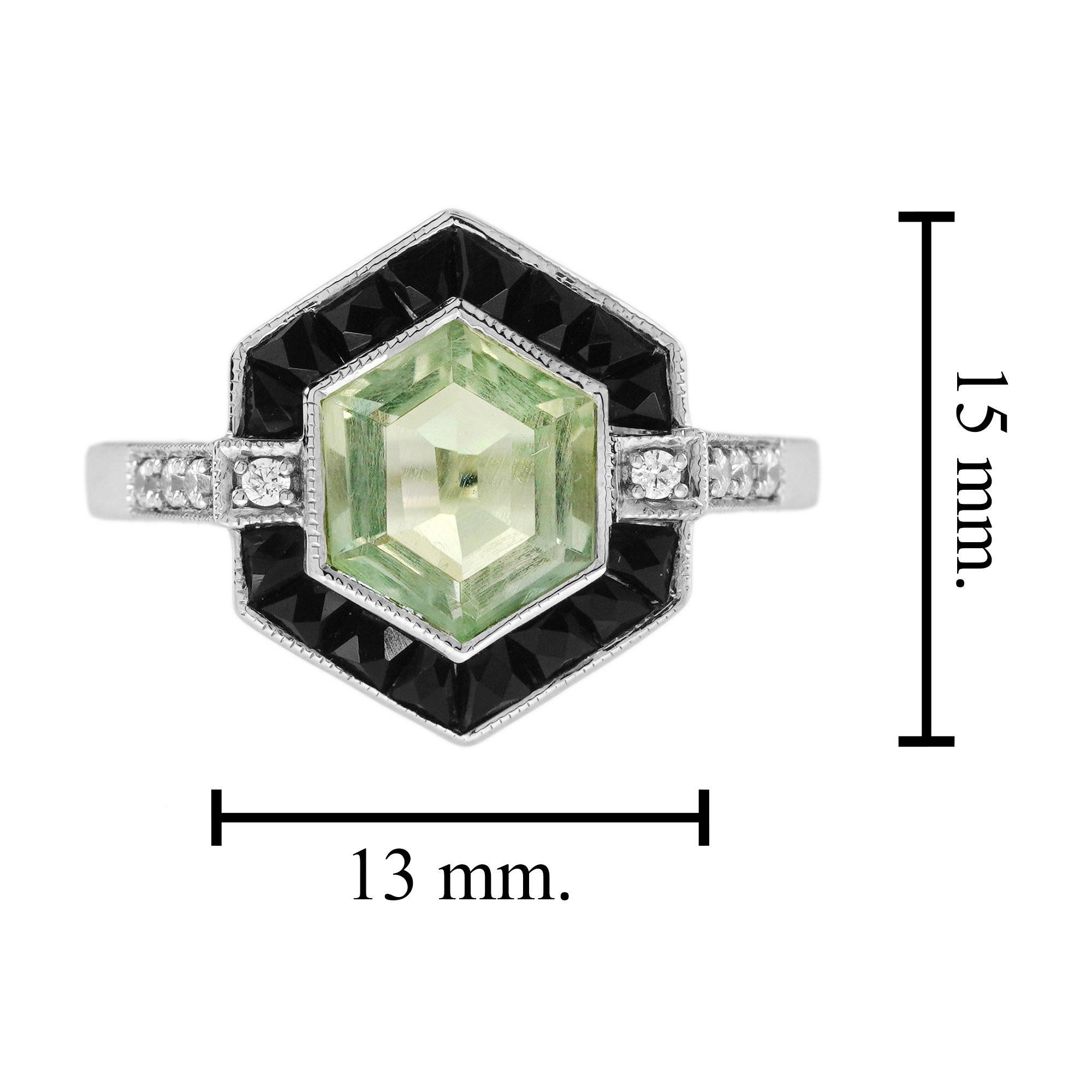 Anello esagonale in stile Art Deco con diamante e ametista verde in oro bianco 14 carati in vendita 1