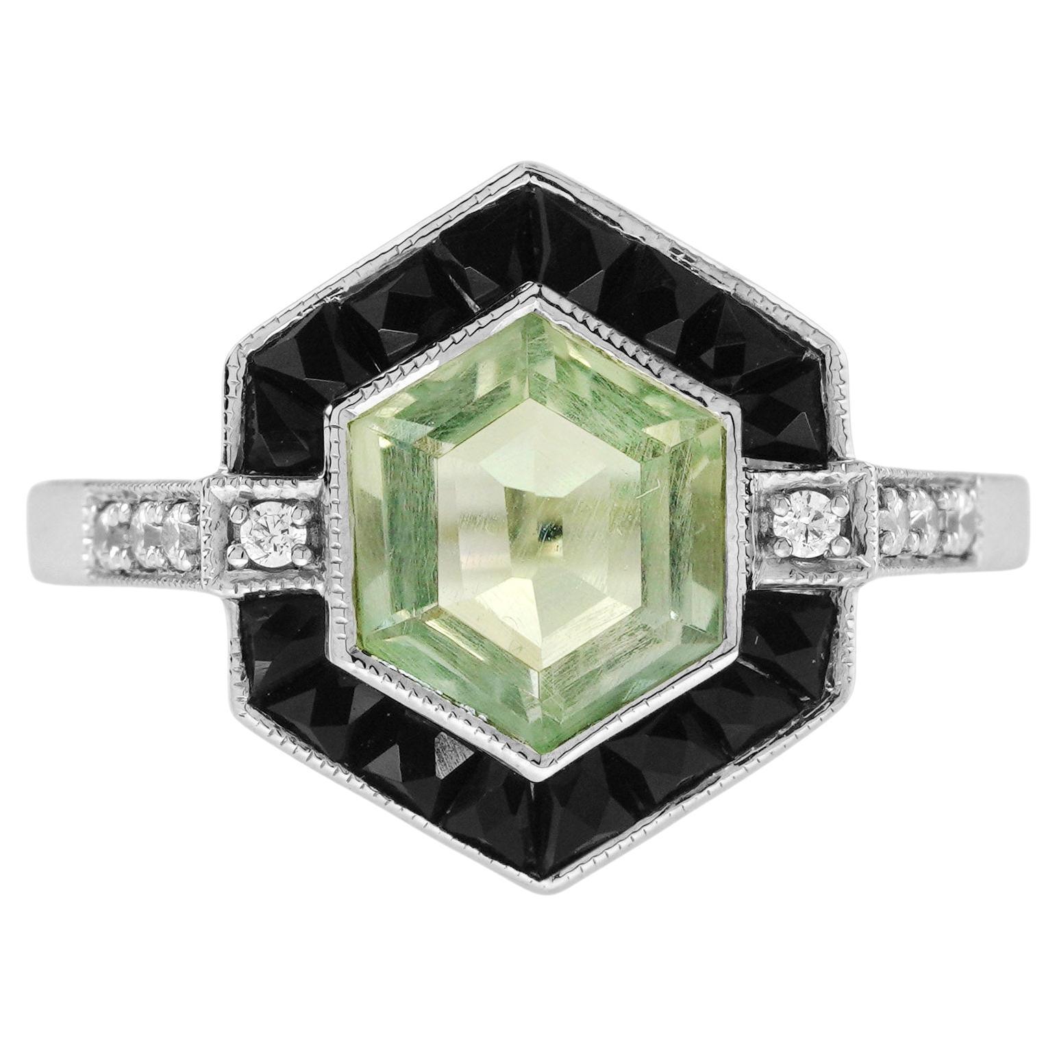 Anello esagonale in stile Art Deco con diamante e ametista verde in oro bianco 14 carati