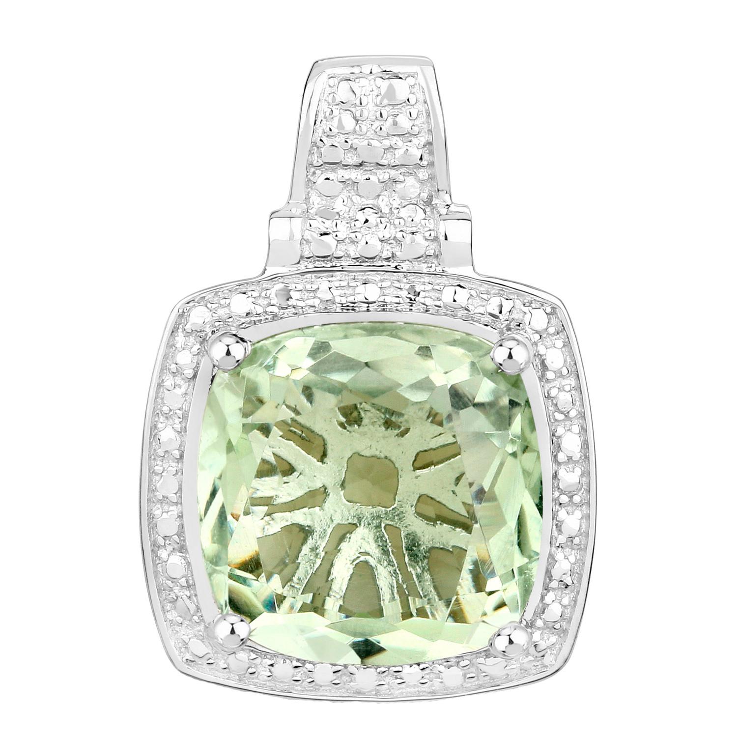 Cushion Cut Green Amethyst Pendant Necklace 5.45 Carats Sterling Silver For Sale