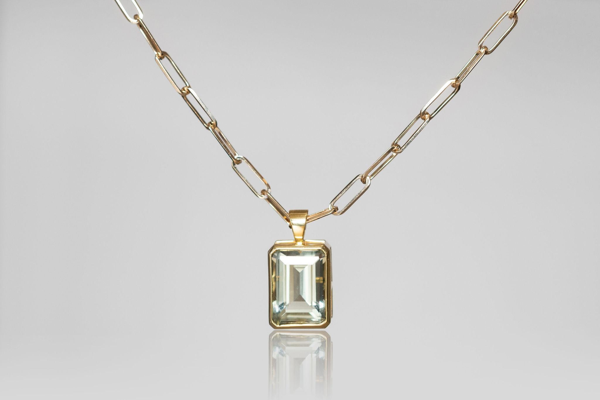 Emerald Cut 12ct Green Amethyst Pendant on 14k Gold Paperclip Chain  For Sale