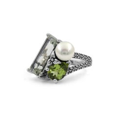 Green Amethyst Peridot and Pearl Ring in Sterling Silver