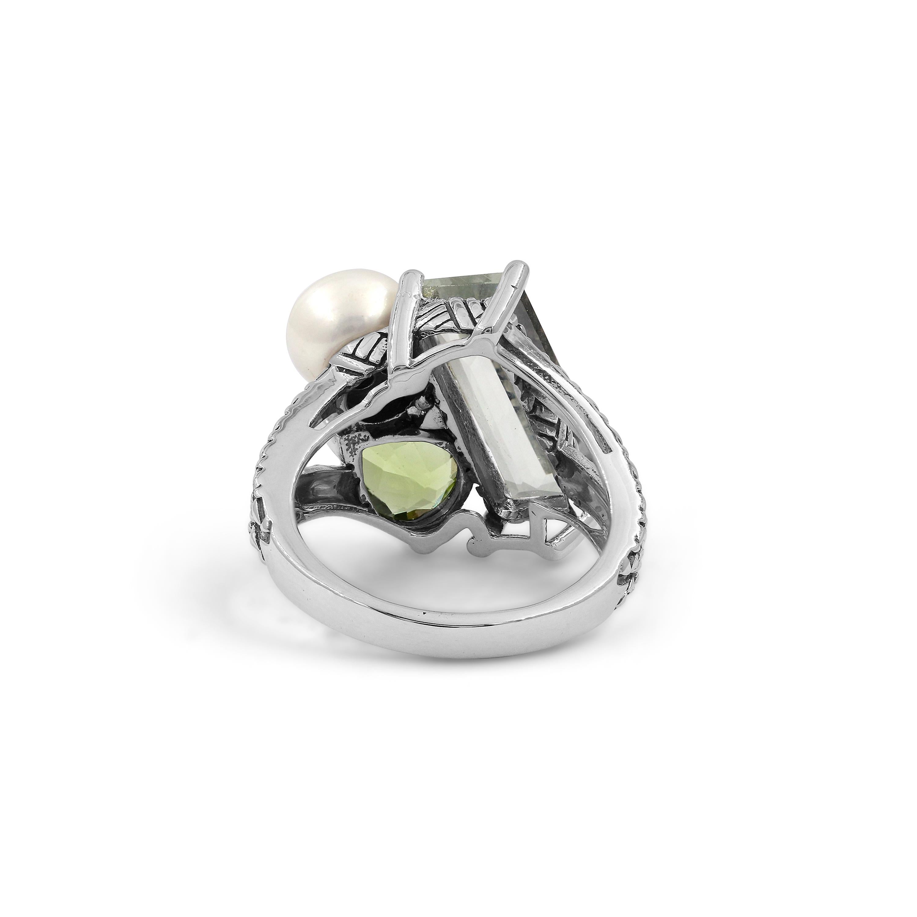 Grüner Amethyst Peridot und Perlen Ring in Sterling Silber (Kunsthandwerker*in) im Angebot
