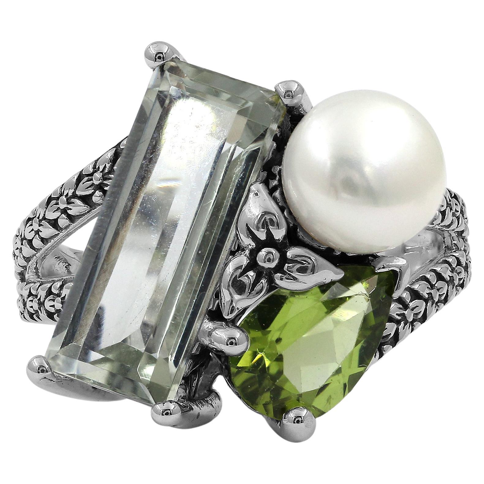 Green Amethyst Peridot and Pearl Ring in Sterling Silver For Sale