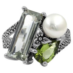 Green Amethyst Peridot and Pearl Ring in Sterling Silver