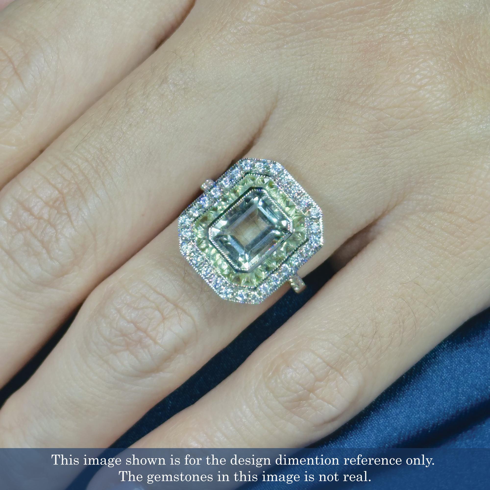 Green Amethyst Peridot Diamond Art Deco Style Engagement Ring in 14K White Gold For Sale 2