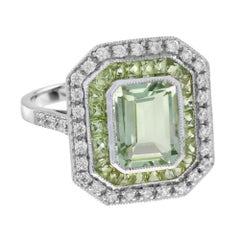 Green Amethyst Peridot Diamond Art Deco Style Engagement Ring in 14K White Gold
