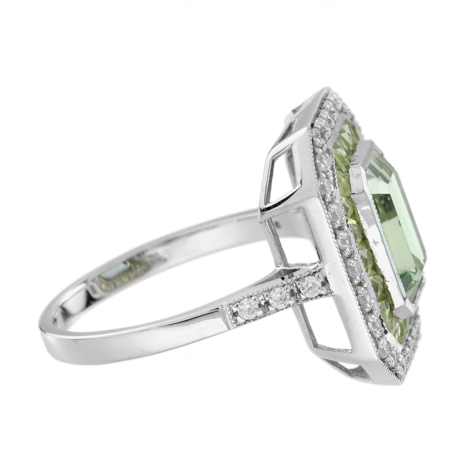 Emerald Cut Green Amethyst Peridot Diamond Art Deco Style Engagement Ring in 14K White Gold For Sale
