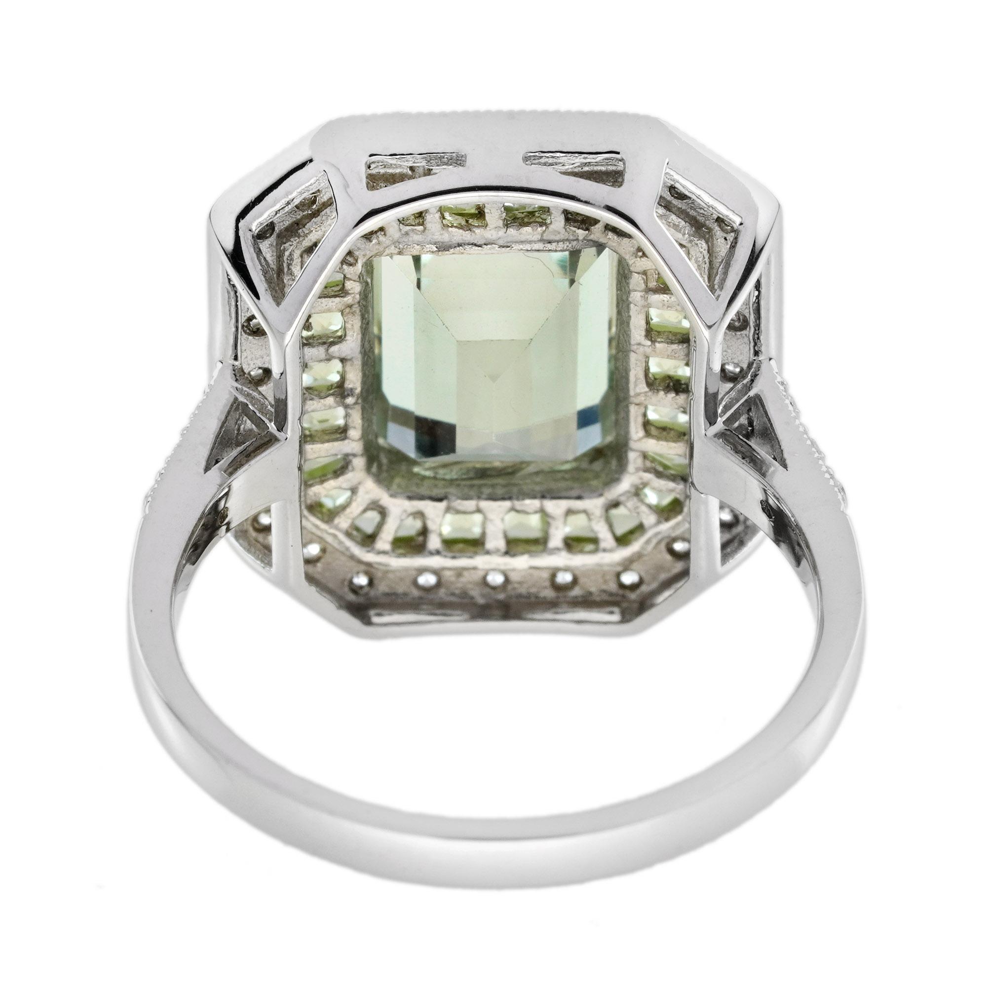 Green Amethyst Peridot Diamond Art Deco Style Engagement Ring in 14K White Gold In New Condition For Sale In Bangkok, TH