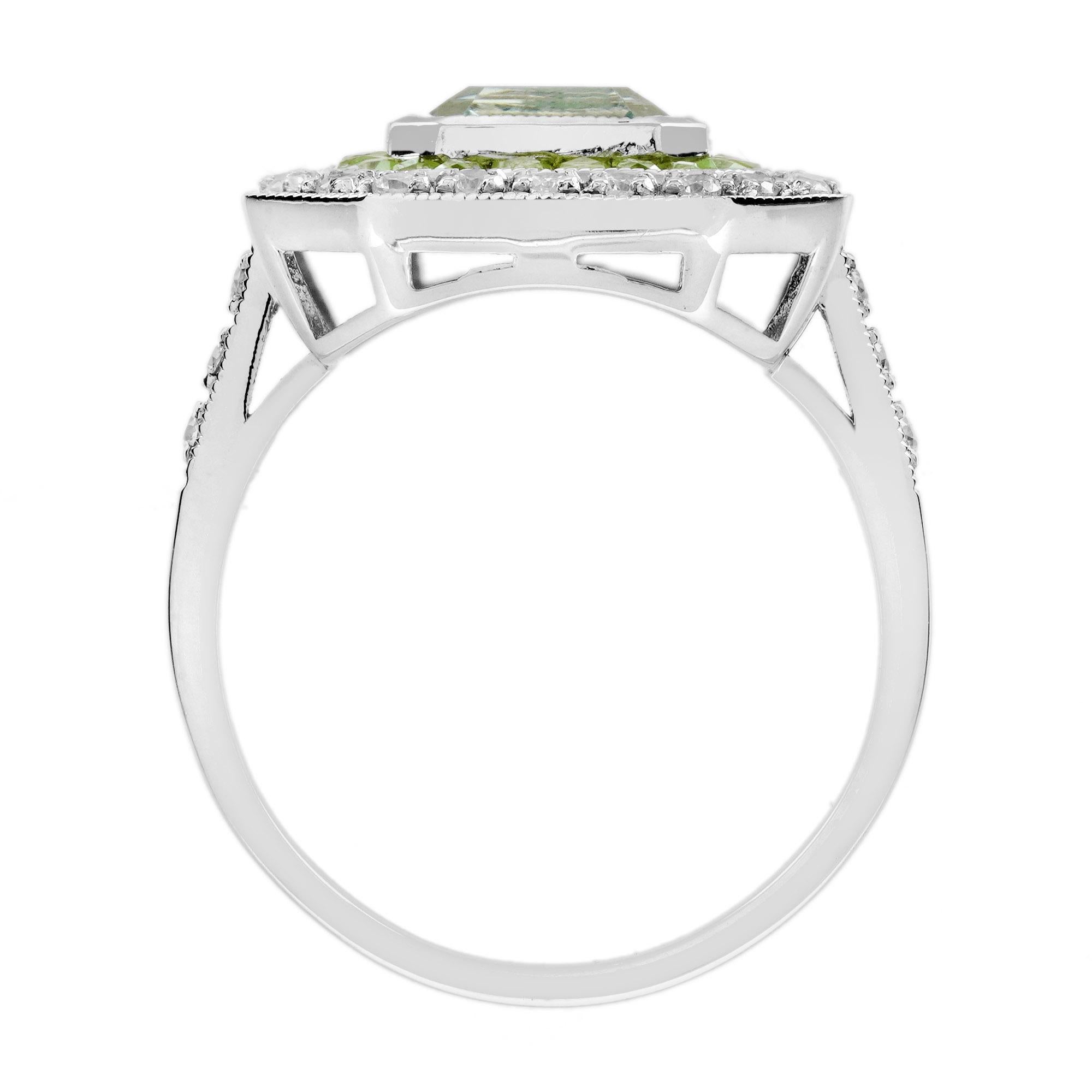 Women's Green Amethyst Peridot Diamond Art Deco Style Engagement Ring in 14K White Gold For Sale