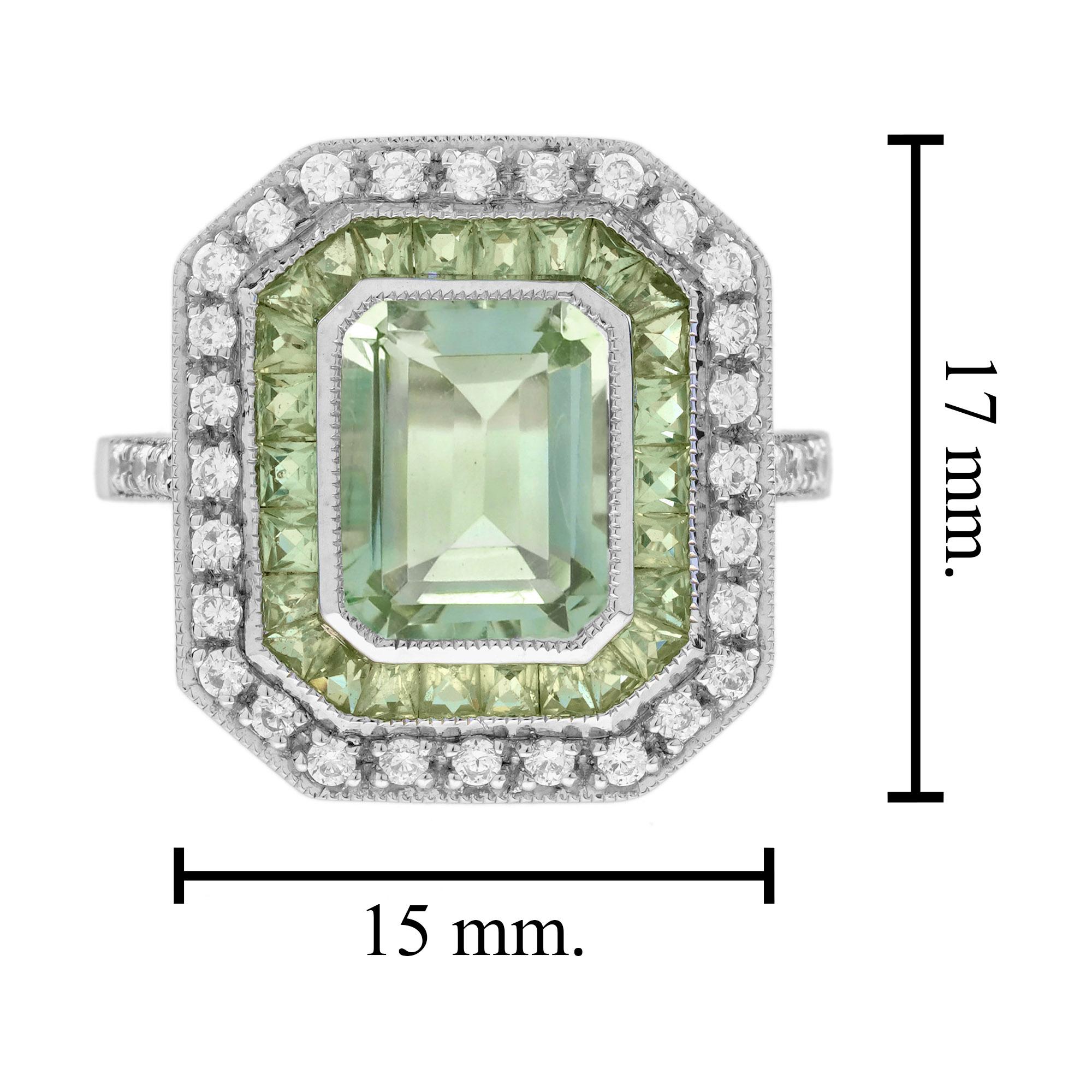 Green Amethyst Peridot Diamond Art Deco Style Engagement Ring in 14K White Gold For Sale 1