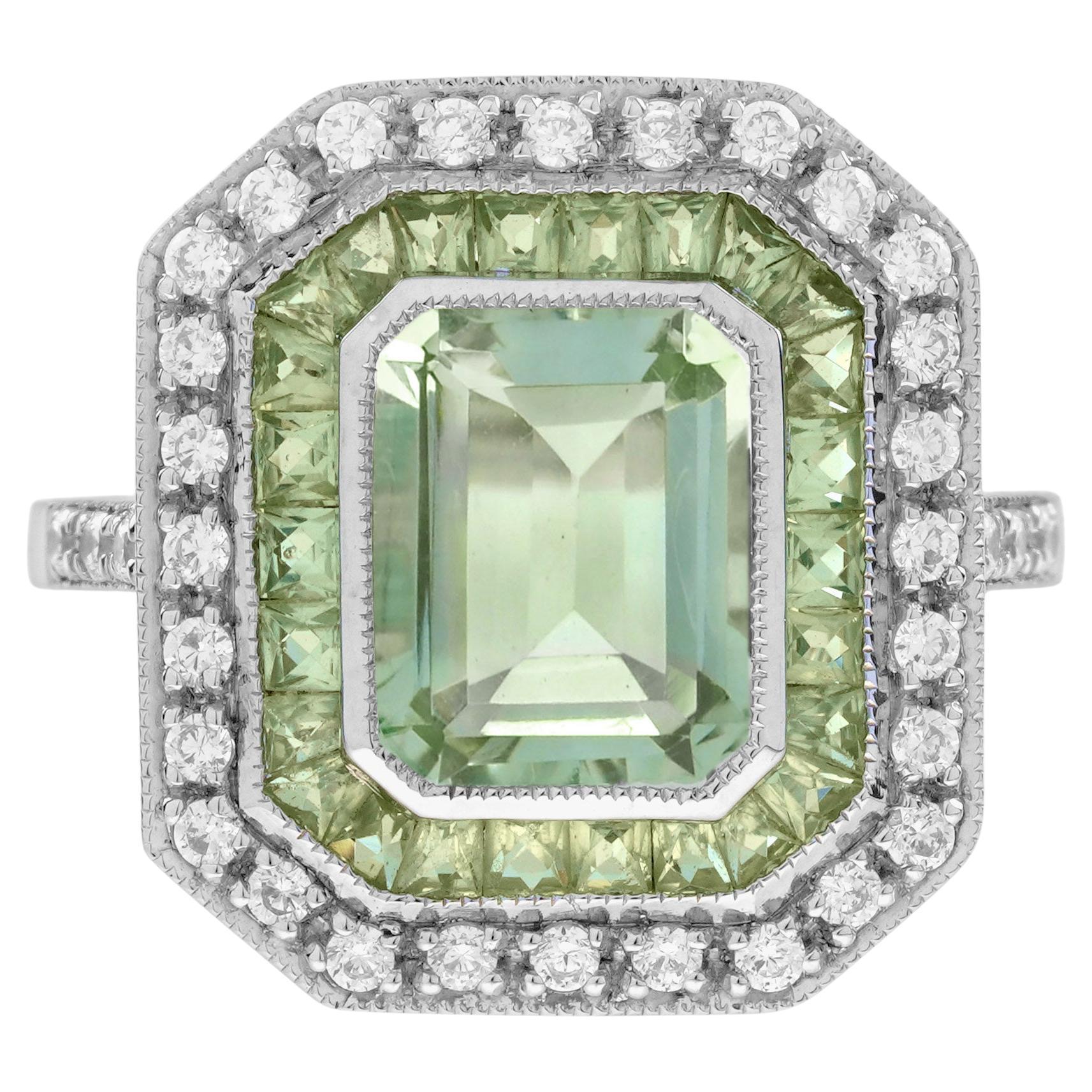 Green Amethyst Peridot Diamond Art Deco Style Engagement Ring in 14K White Gold
