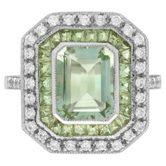Green Amethyst Peridot Diamond Art Deco Style Engagement Ring in 14K White Gold