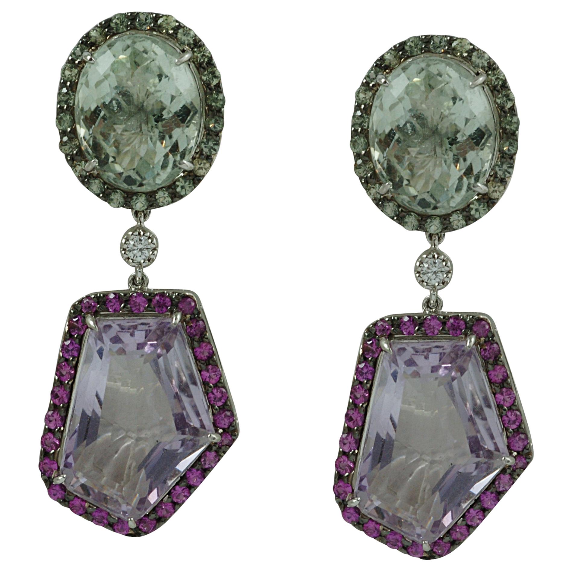 Green Amethyst, Pink Amethyst, Green Sapphire, Pink Sapphire, Diamond Earrings