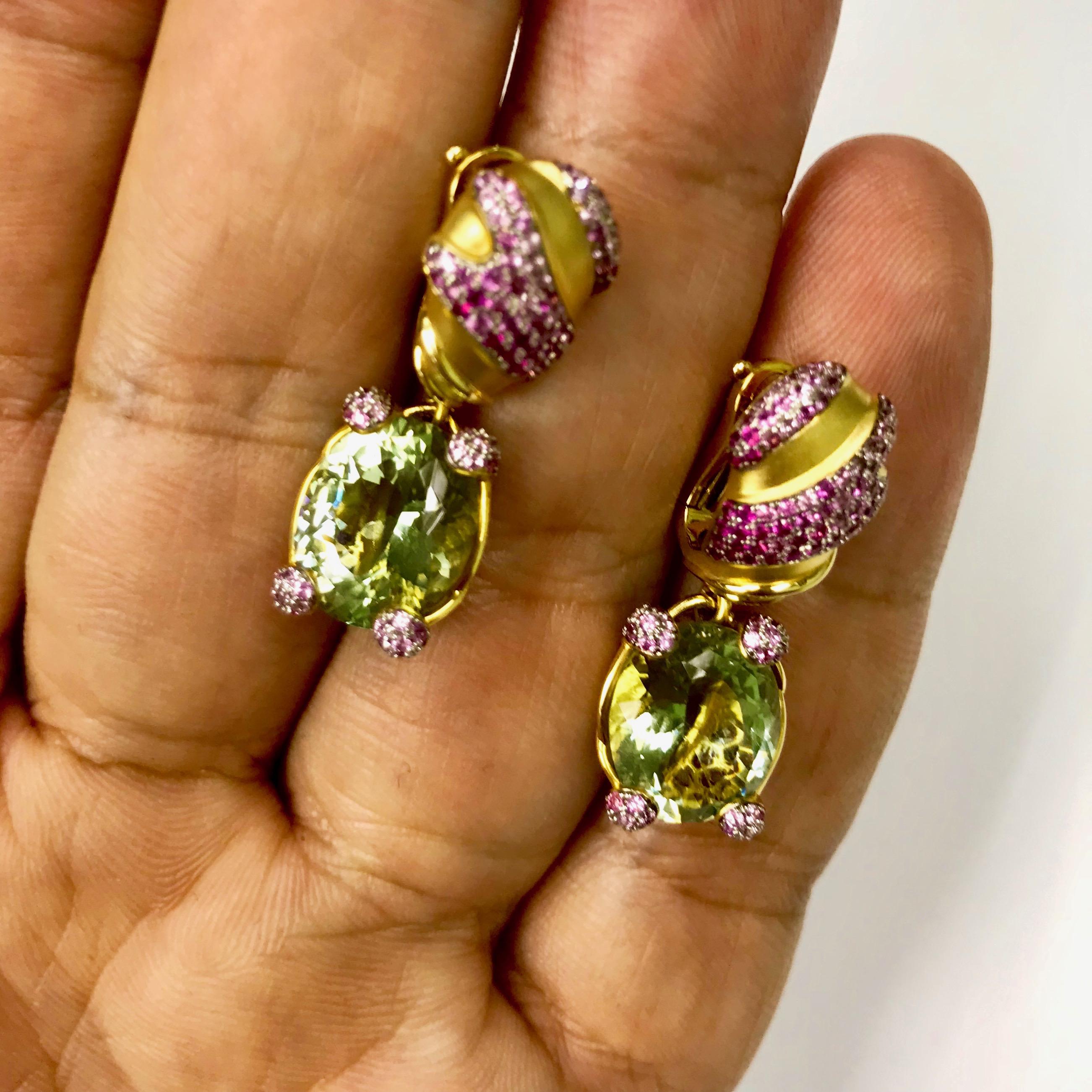Contemporary Green Amethyst Pink Sapphire 18 Karat Yellow Gold Earrings For Sale