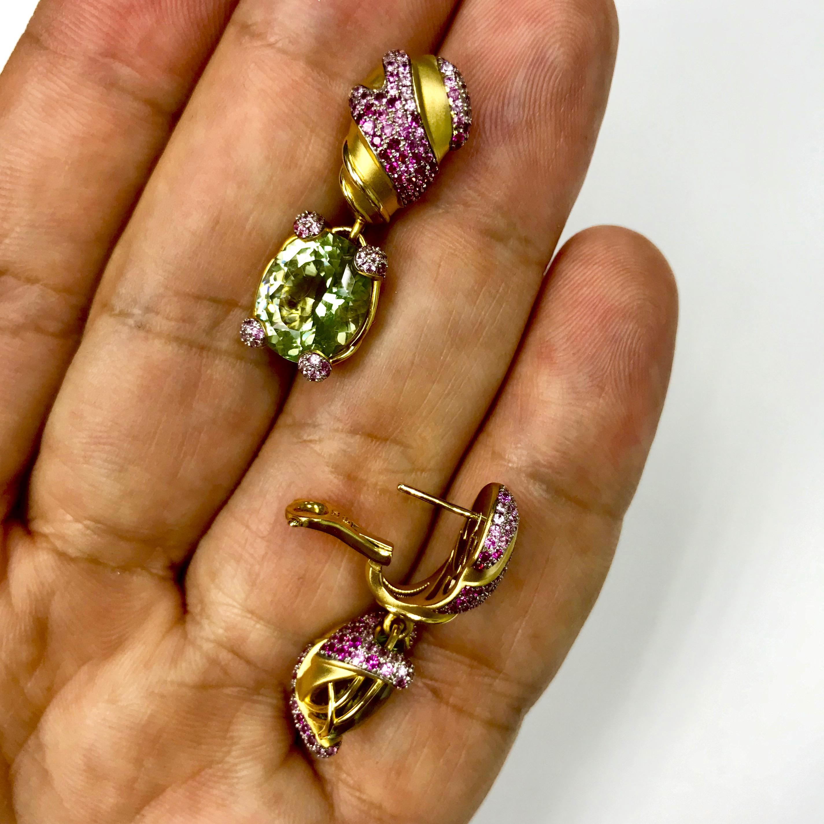 Women's Green Amethyst Pink Sapphire 18 Karat Yellow Gold Earrings For Sale