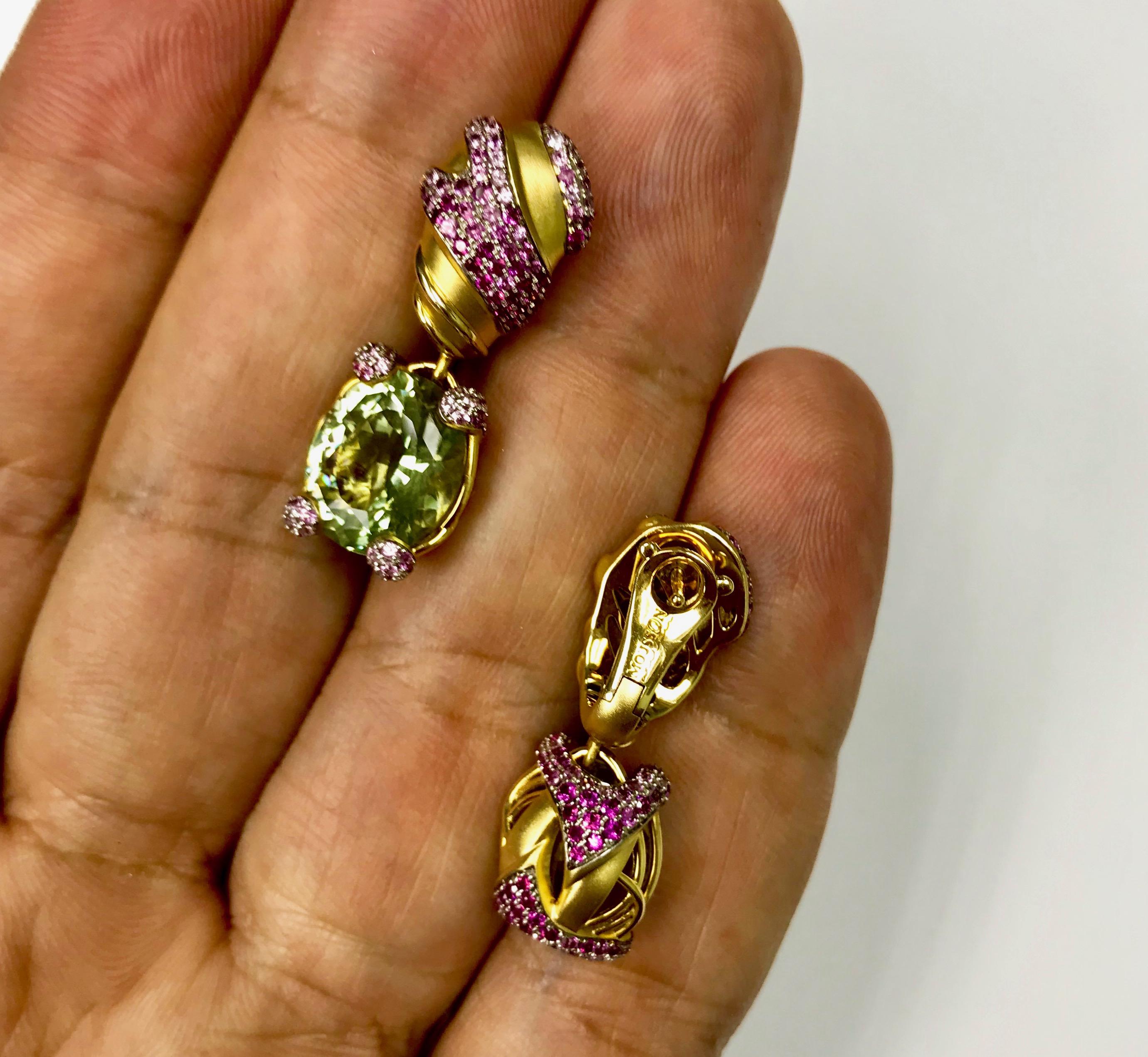 Green Amethyst Pink Sapphire 18 Karat Yellow Gold Earrings For Sale 1