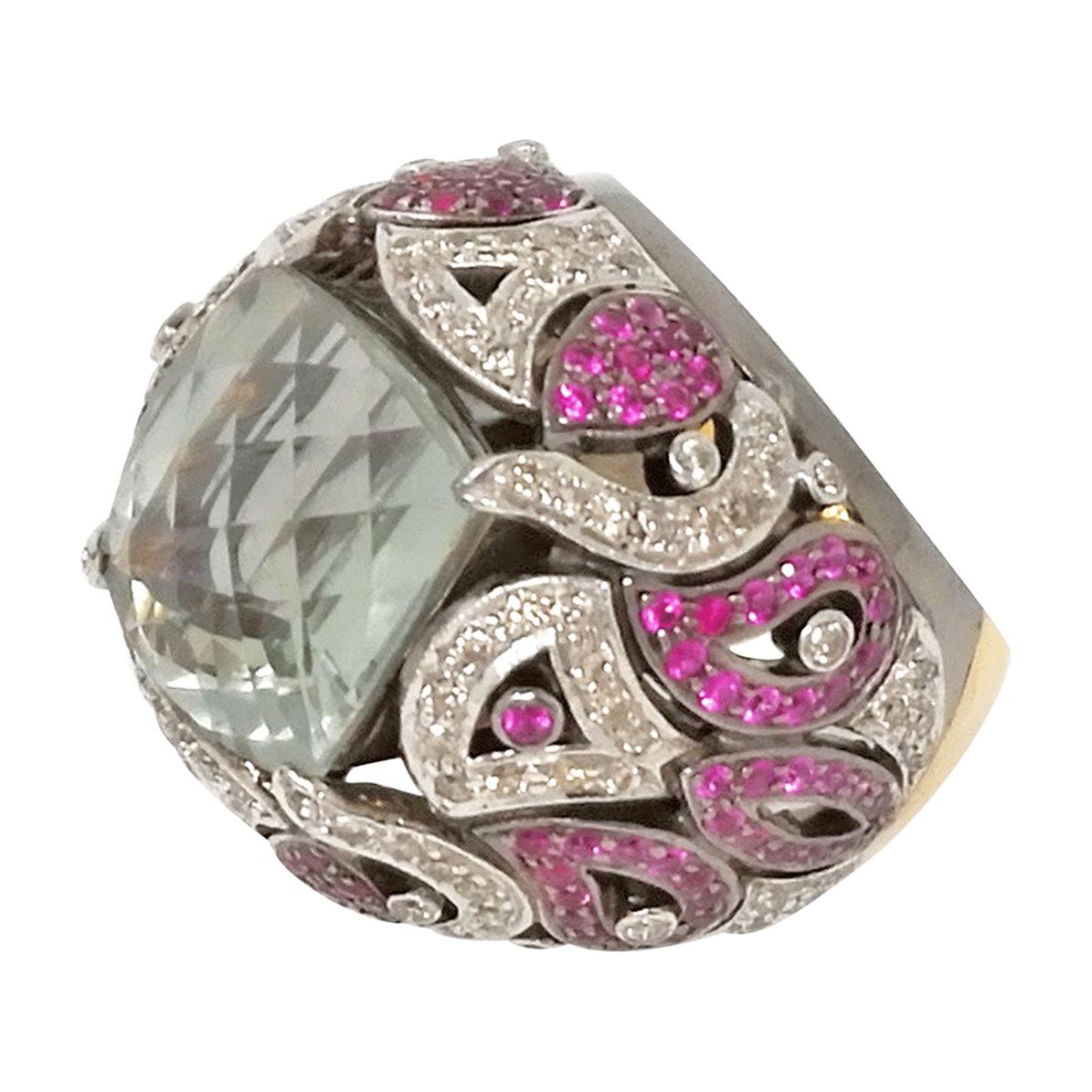 Green Amethyst Pink Sapphire and Diamond Ring For Sale