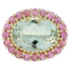 Cocktailring im Vintage-Stil mit grünem Amethyst und rosa Turmalin in ovaler Form aus 14-karätigem Gold