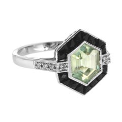 Green Amethyst Prasiolite & Black Onyx Diamond Art Deco Style Hexagon Ring