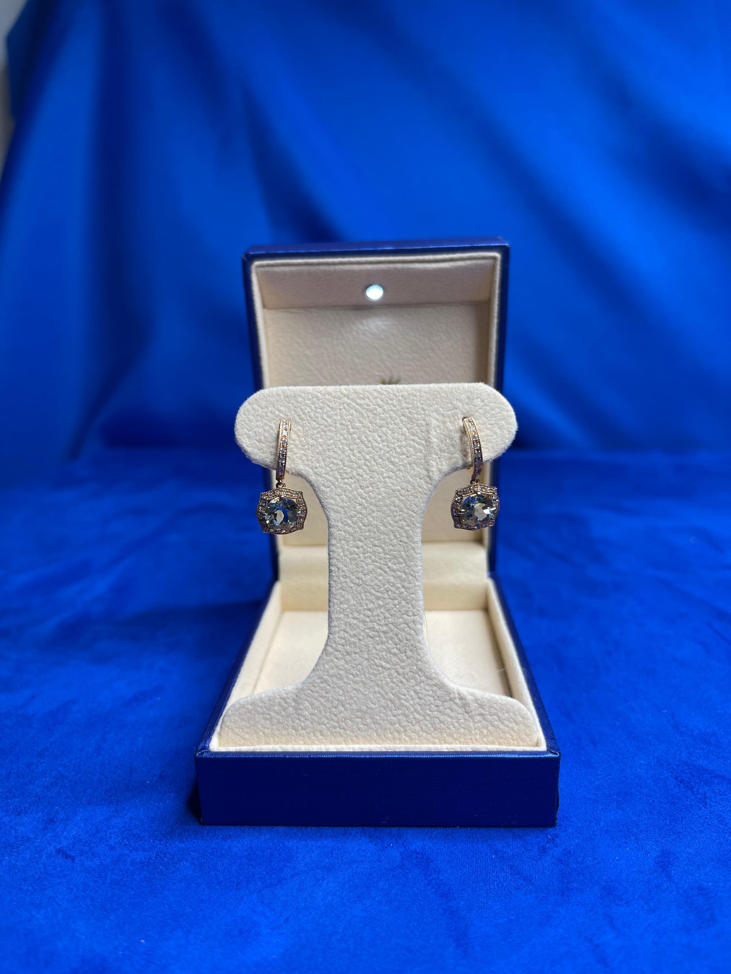 Green Amethyst Prasiolite Diamond Halo 14 Karat Rose Gold Huggie Drop Earrings In New Condition For Sale In Oakton, VA