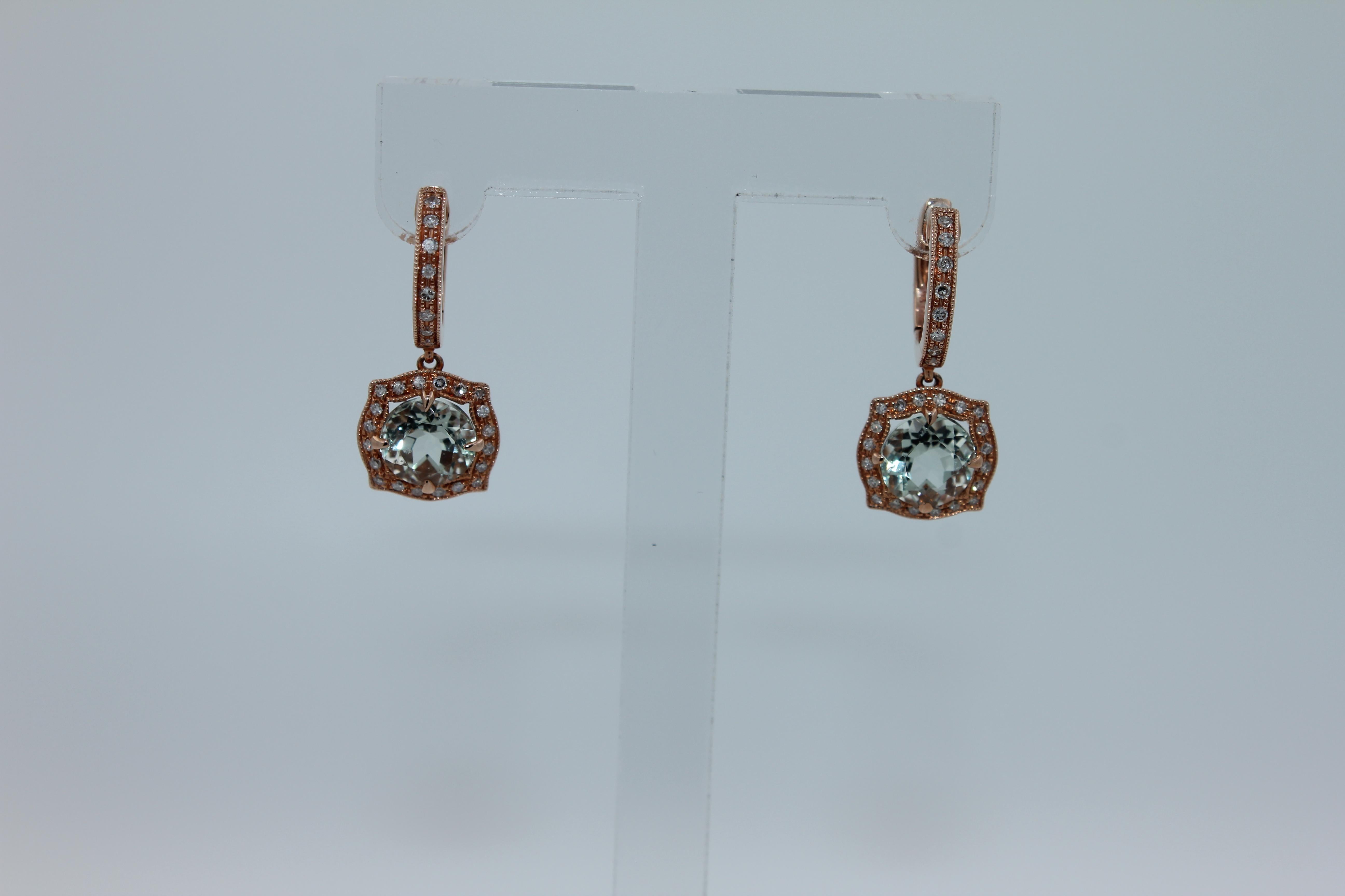 Green Amethyst Prasiolite Diamond Halo 14 Karat Rose Gold Huggie Drop Earrings For Sale 3