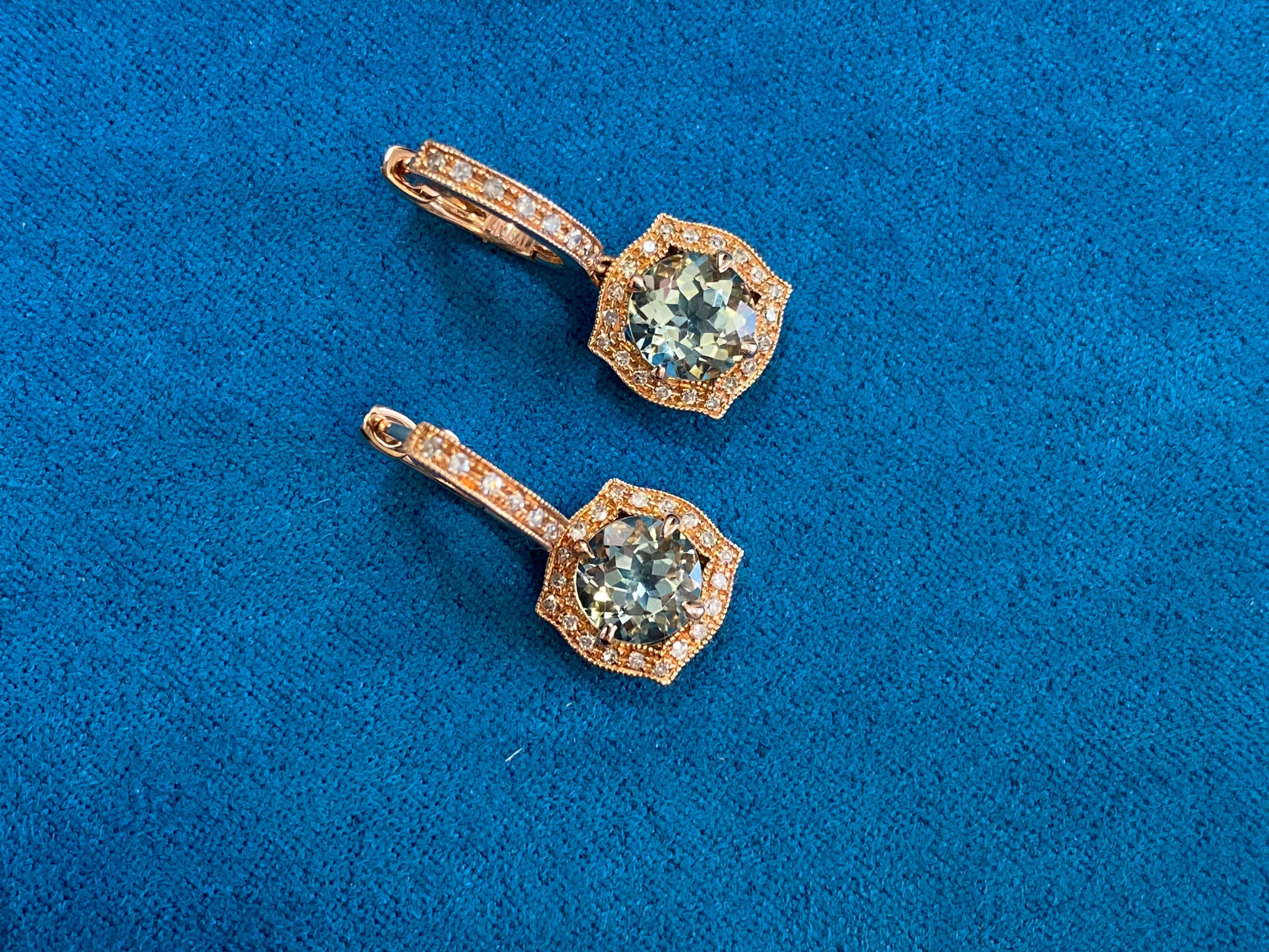 Modern Green Amethyst Prasiolite Diamond Halo Rose Gold Huggie Drop Unique Earrings For Sale