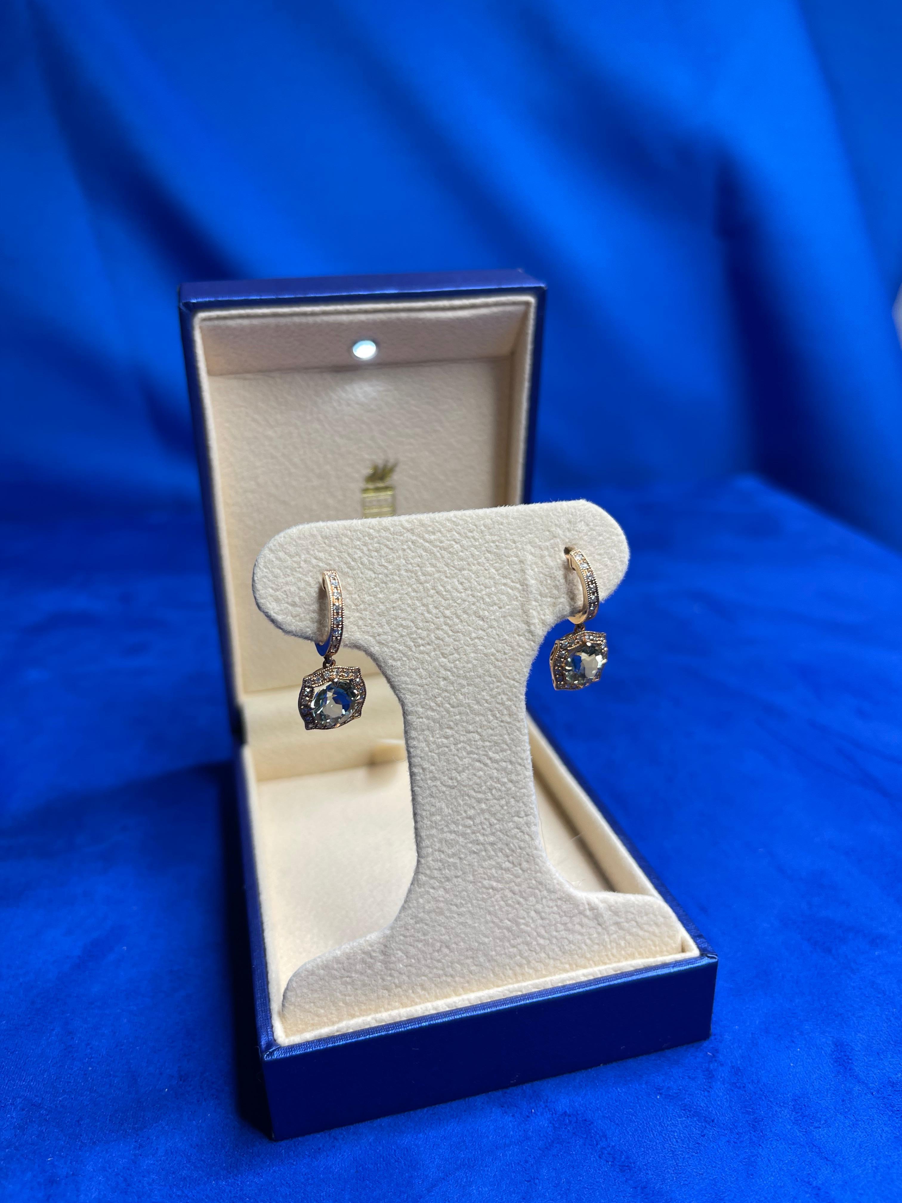 Green Amethyst Prasiolite Diamond Halo Rose Gold Huggie Drop Unique Earrings For Sale 2