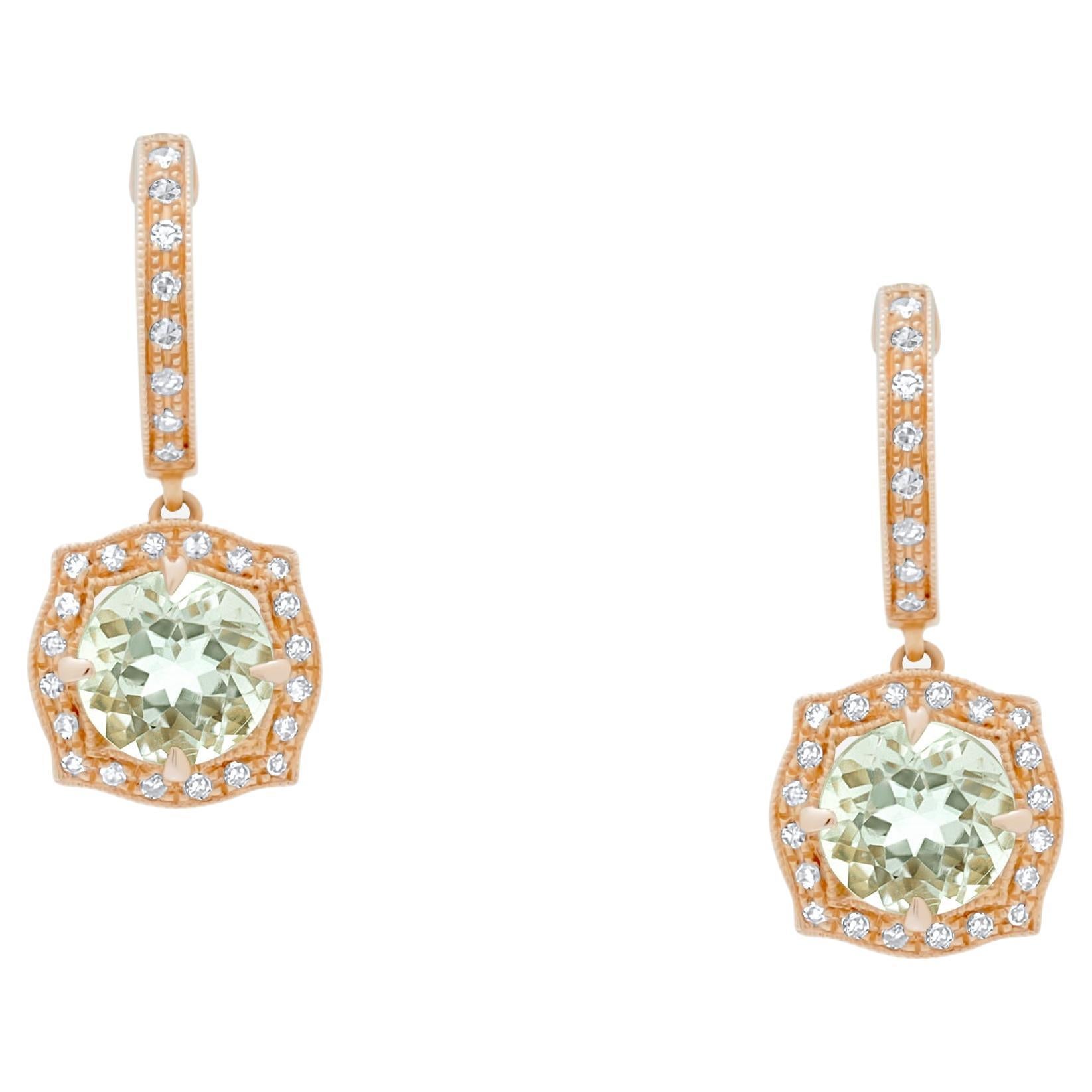 Green Amethyst Prasiolite Diamond Halo Rose Gold Huggie Drop Unique Earrings For Sale
