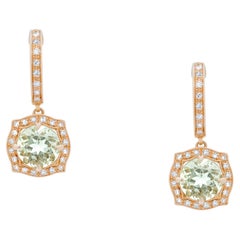 Green Amethyst Prasiolite Diamond Halo Rose Gold Huggie Drop Unique Earrings