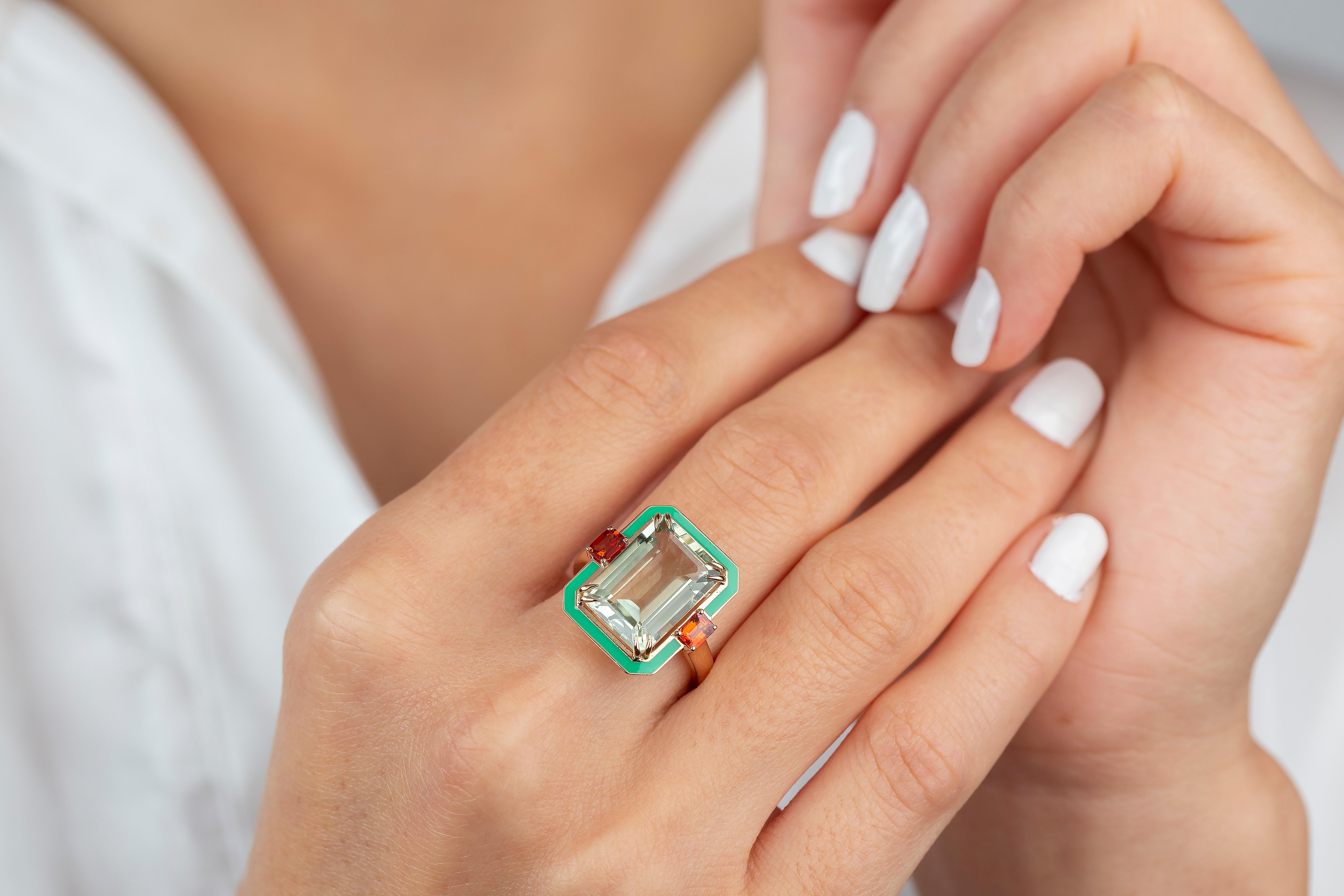 Vintage-Inspired Green Amethyst & Red Sapphire Ring  925 Sterling Silver  Rose Gold Plated

This elegant statement ring features a striking emerald-cut green amethyst as the centerpiece, beautifully accented by two octagonal-cut red sapphires. The