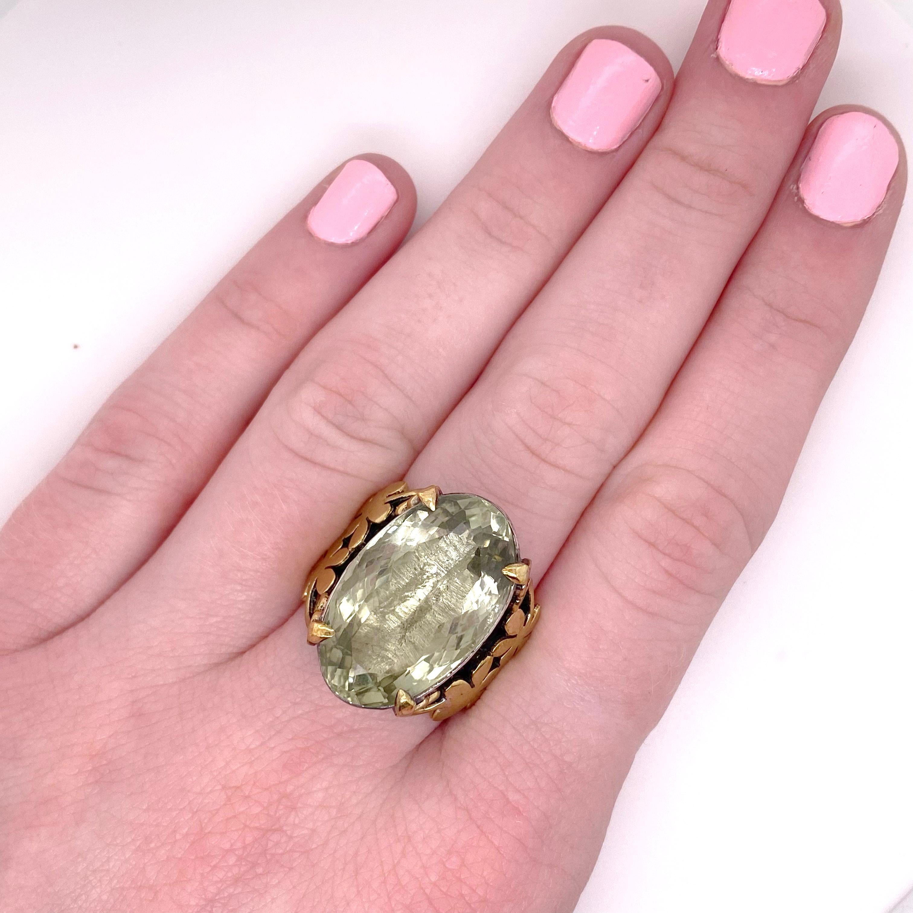 Huge 14 carat green amethyst in detailed 14 karat yellow gold and sterling 925. This ring is gorgeous on and even more beautiful in person!
Metal Quality: Sterling Silver And 14 Karat Gold
Gemstone: Green Amethyst
Gemstone Color: Green
Gemstone