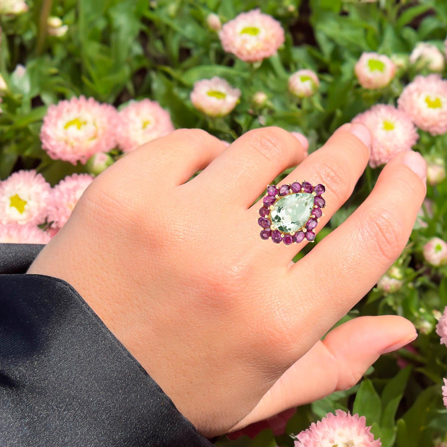Contemporain Bague Améthyste verte Rhodolites 7.1 Carats 14K Or Jaune Plaqué Silver en vente