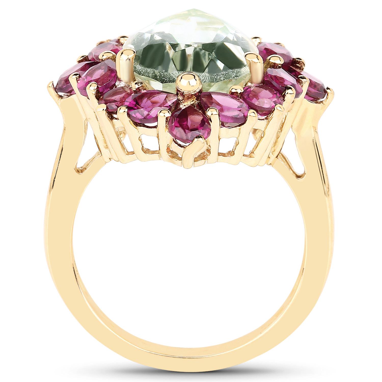 Taille poire Bague Améthyste verte Rhodolites 7.1 Carats 14K Or Jaune Plaqué Silver en vente