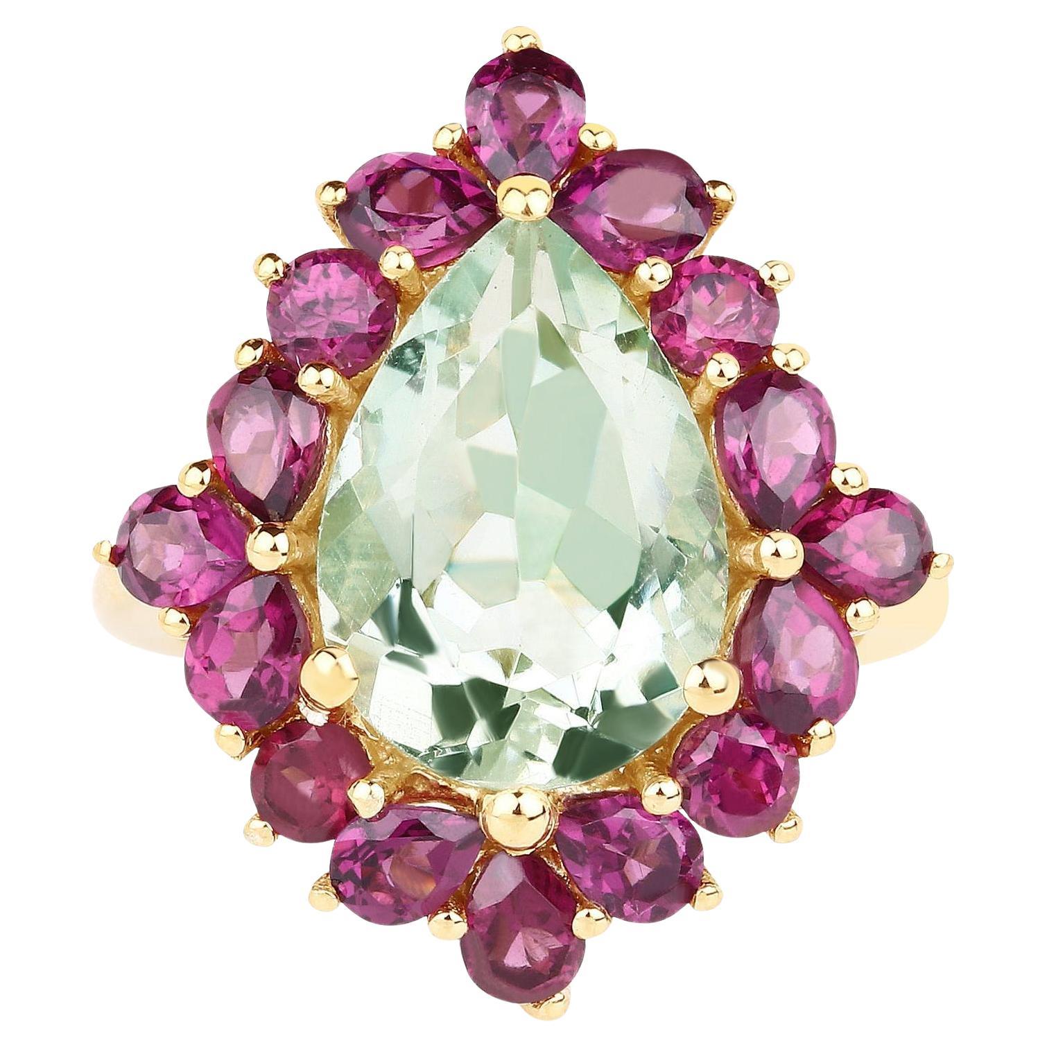 Grüner Amethyst Ring Rhodolithen 7,1 Karat 14K Gelbgold Vergoldet Silber im Angebot