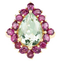 Green Amethyst Ring Rhodolites 7.1 Carats 14K Yellow Gold Plated Silver