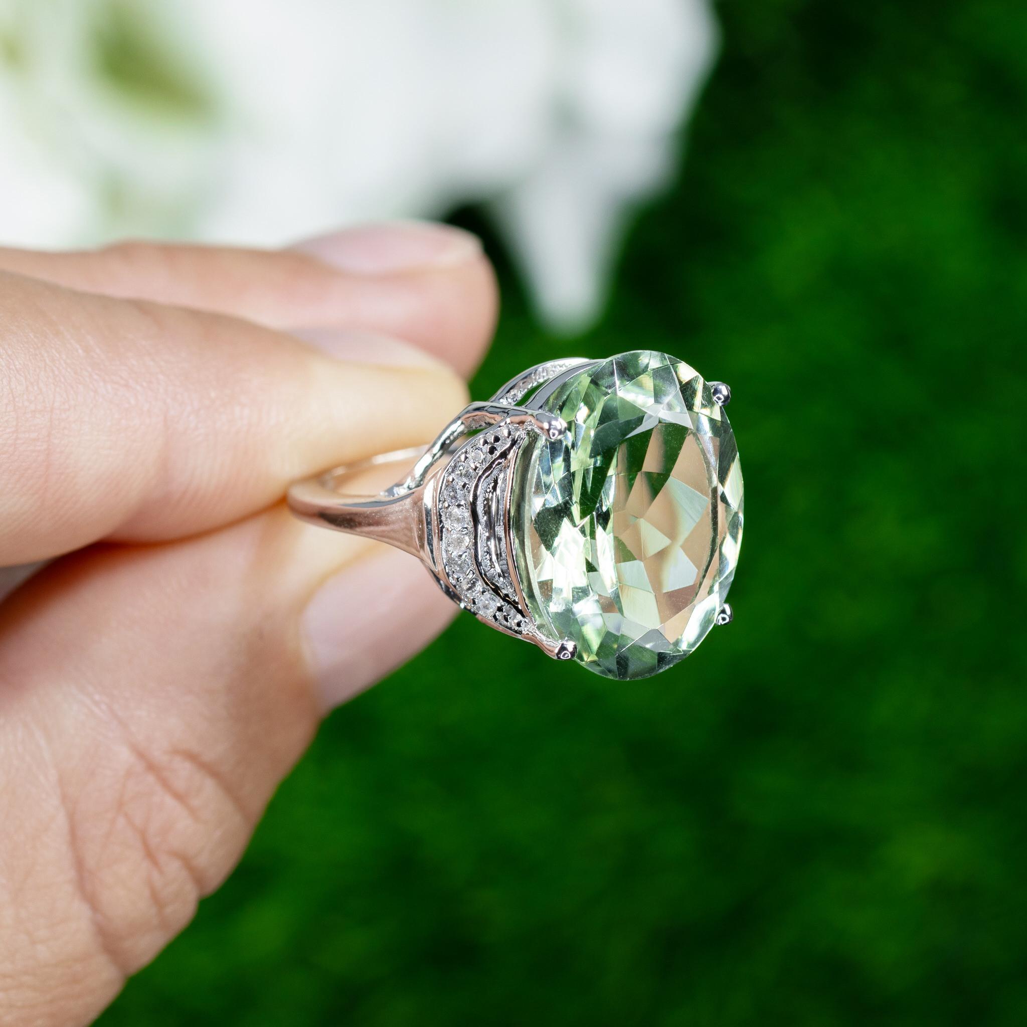 Cushion Cut Green Amethyst Ring White Topaz 7.95 Carats Sterling Silver For Sale