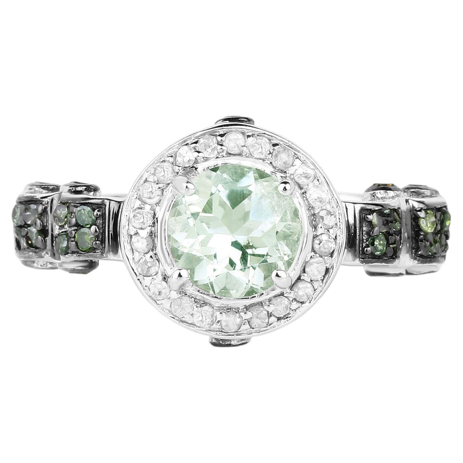 Green Amethyst Ring With Green Diamonds 1 Carats Sterling Silver