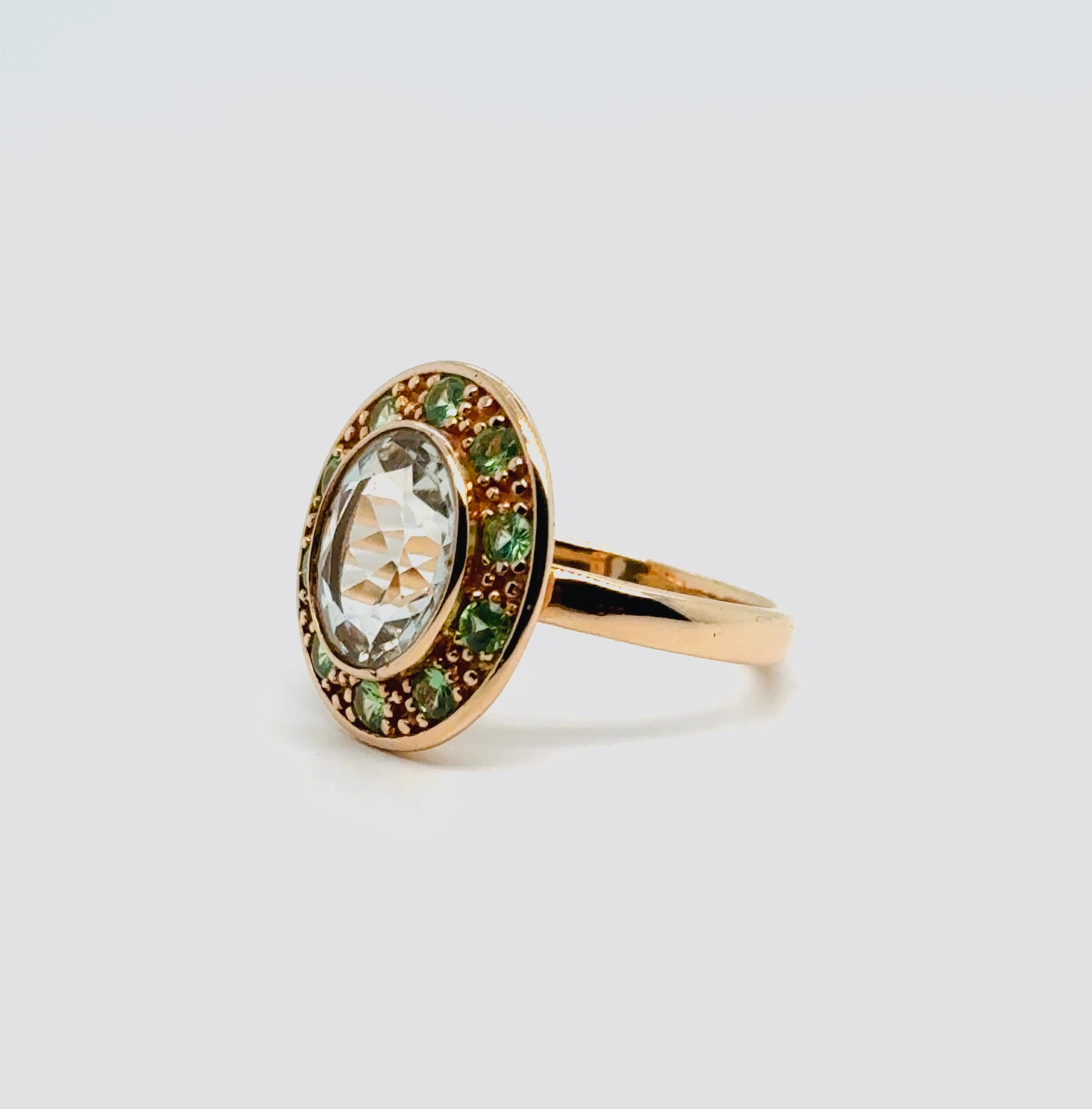 Green Amethyst Ring Zavorite Pink Gold 18 Carats.

This 18-carat rose gold ring, is distinguished by its elegance and sophistication. The center features gemstone: a brilliant-cut green amethyst measuring 0.40 inch in diameter. The ring weighs 5.4