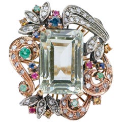Vintage Green Amethyst, Rubies, Emeralds, Sapphires, Diamonds, Rose Gold and Silver Ring