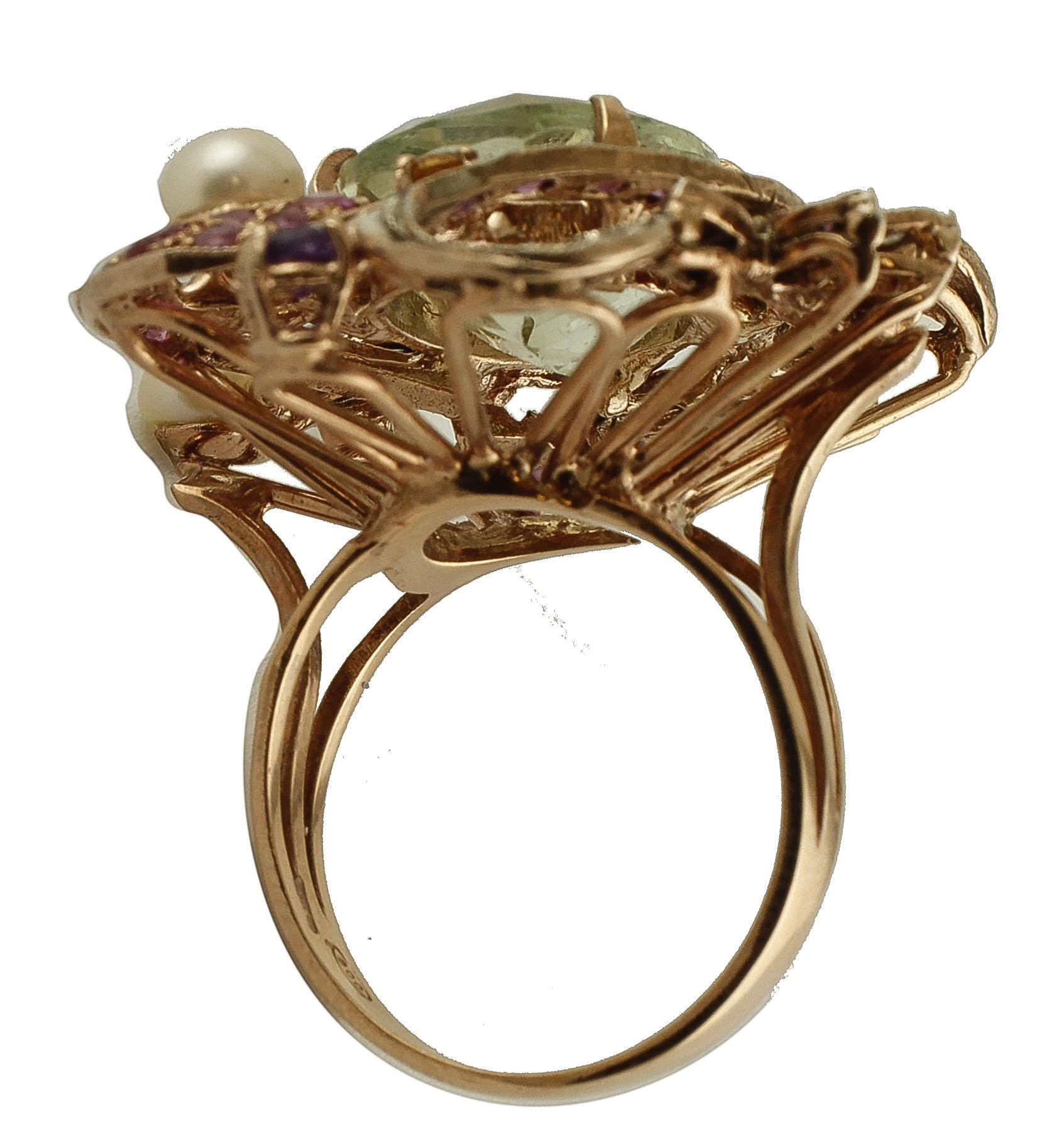 Green Amethyst, Rubies, Tsavorite, Topaz, Rose Gold and Silver Cocktail Ring In Excellent Condition In Marcianise, Marcianise (CE)