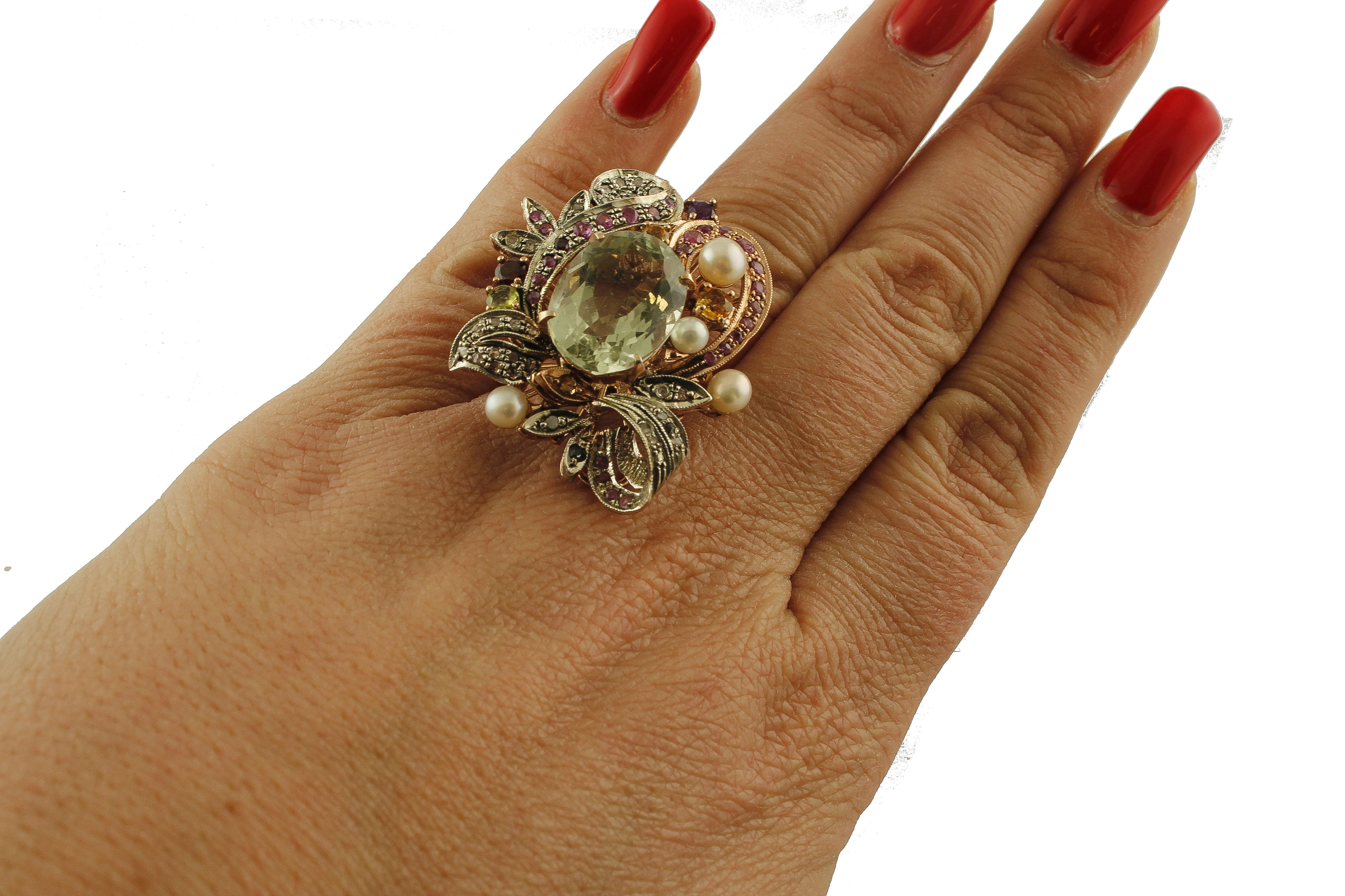 Women's Green Amethyst, Rubies, Tsavorite, Topaz, Rose Gold and Silver Cocktail Ring