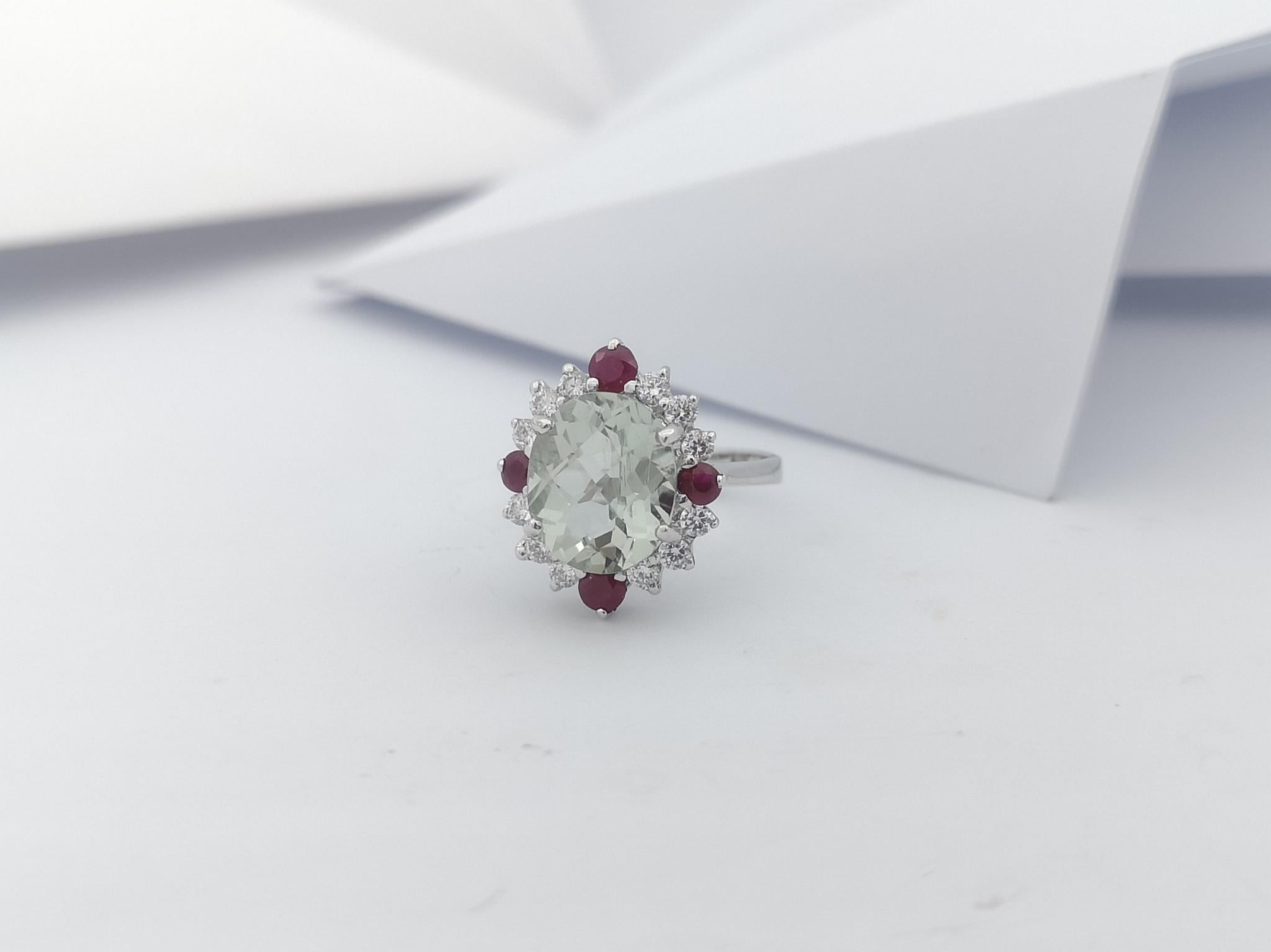 Green Amethyst, Ruby and Cubic Zirconia Ring set in Silver Settings For Sale 2
